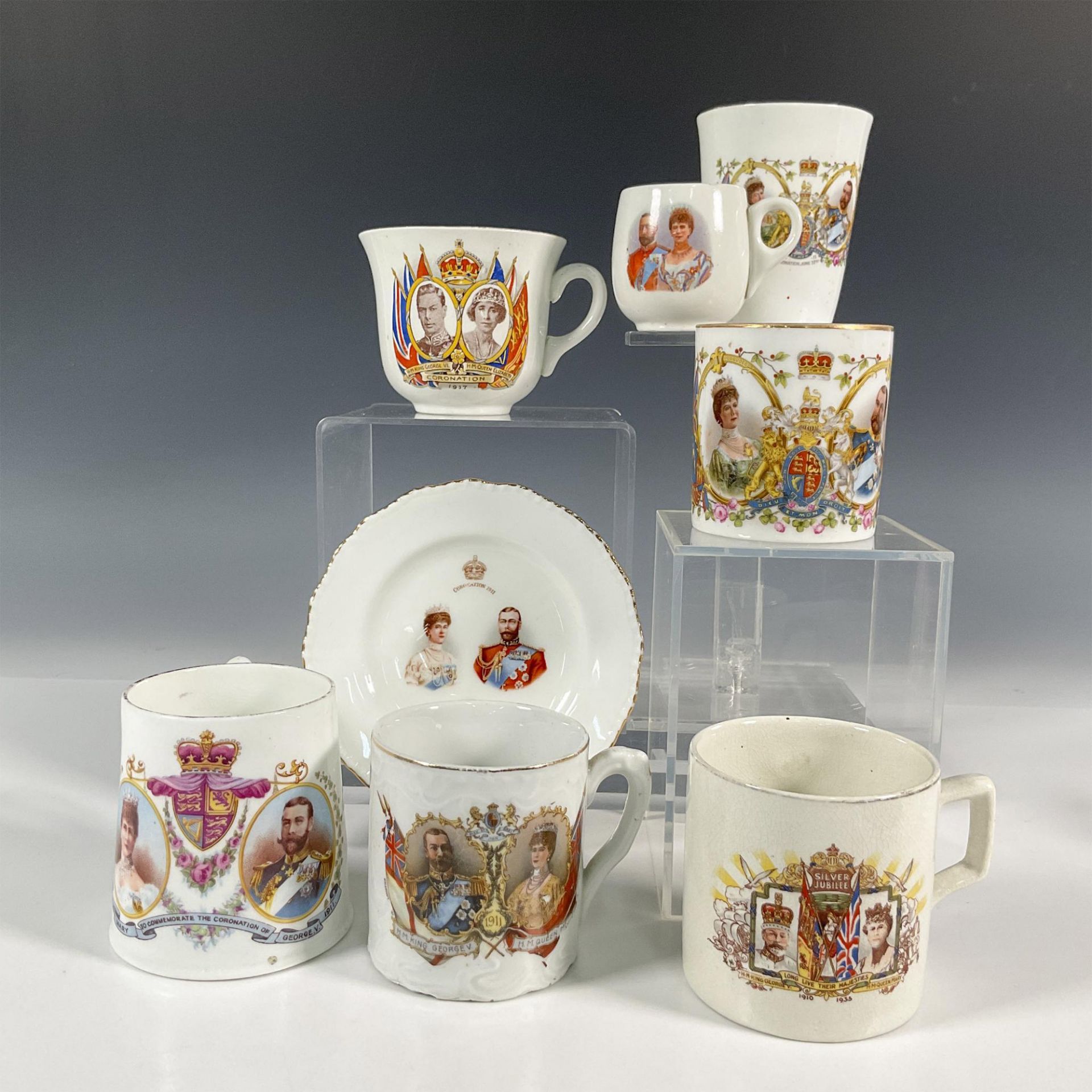 8pc English Porcelain King George and Queen Mary Cups