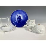 4pc German and English Porcelain Cat Figurines and Plates