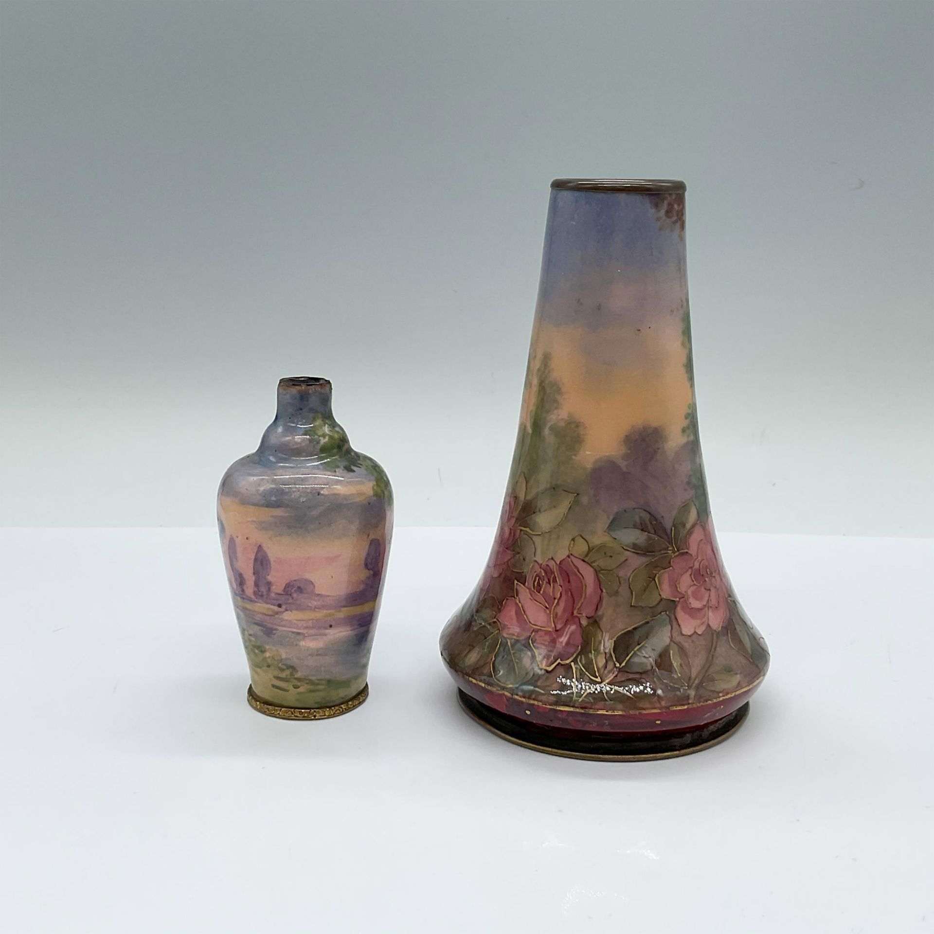 2pc Antique French Copper Enamel Portrait Vases - Image 2 of 4