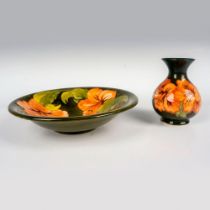 2pc Moorcroft Pottery Vase and Bowl, Hibiscus