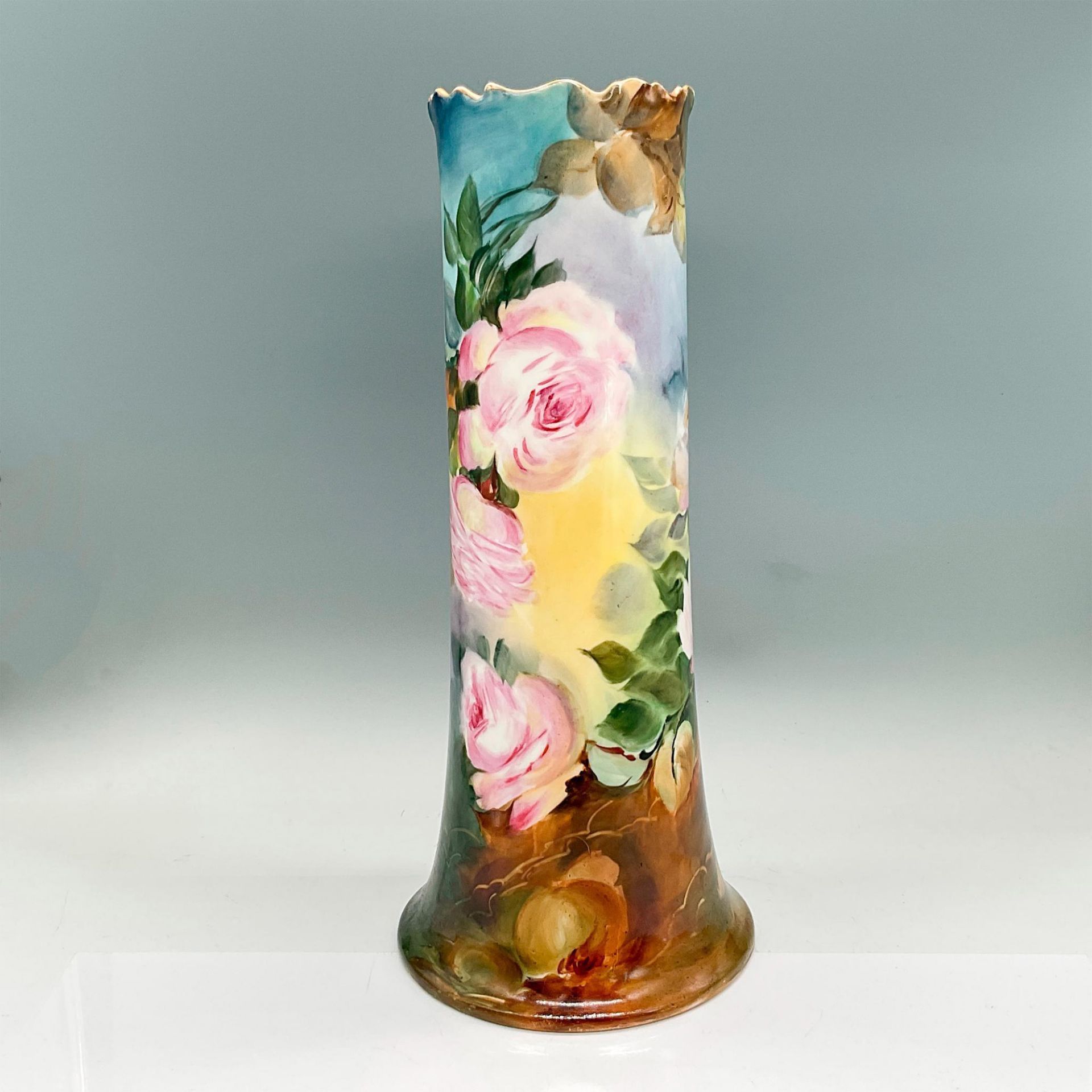 2pc W G & Co Limoges Porcelain Vase + Mug, Pink Roses - Image 3 of 7
