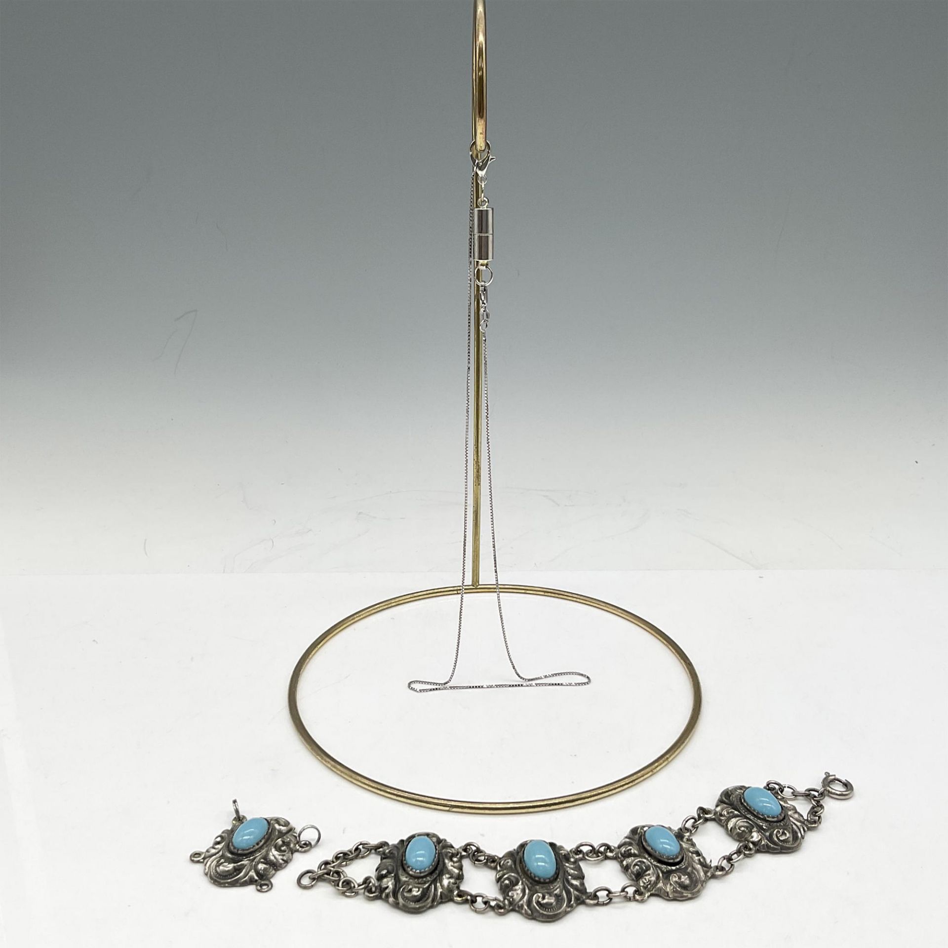 2pc Jewelry 14kt White Gold Chain + Bracelet with Blue Stone