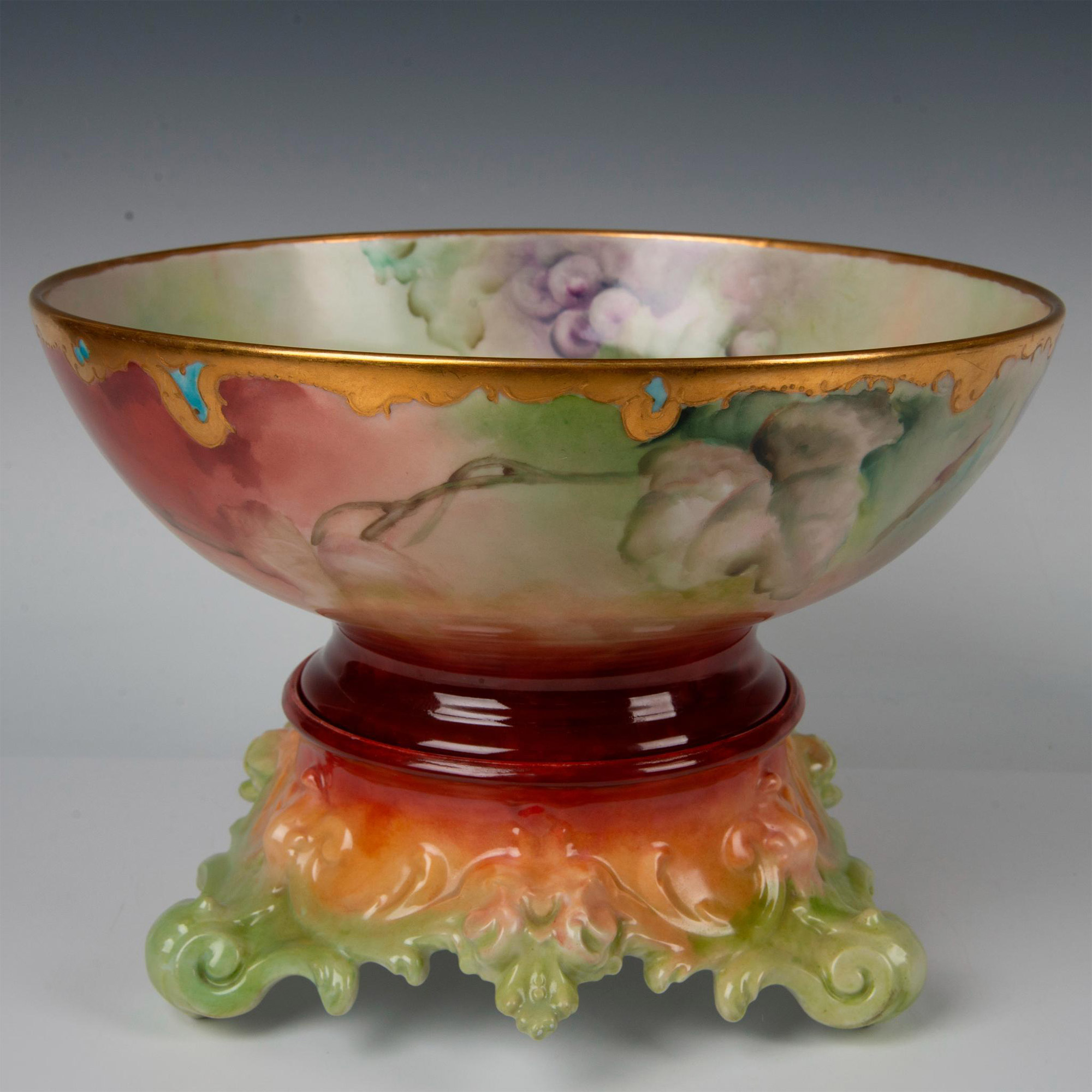 2pc Tressemanes & Vogt Limoges Hand Painted Punch Bowl with Stand - Image 3 of 8