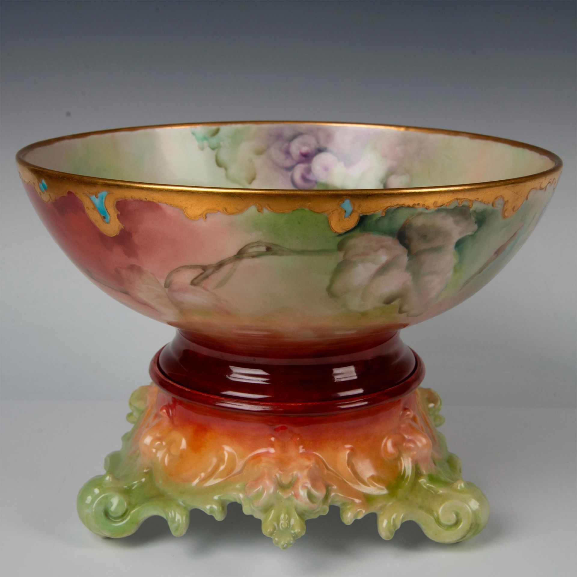 2pc Tressemanes & Vogt Limoges Hand Painted Punch Bowl with Stand - Image 3 of 8