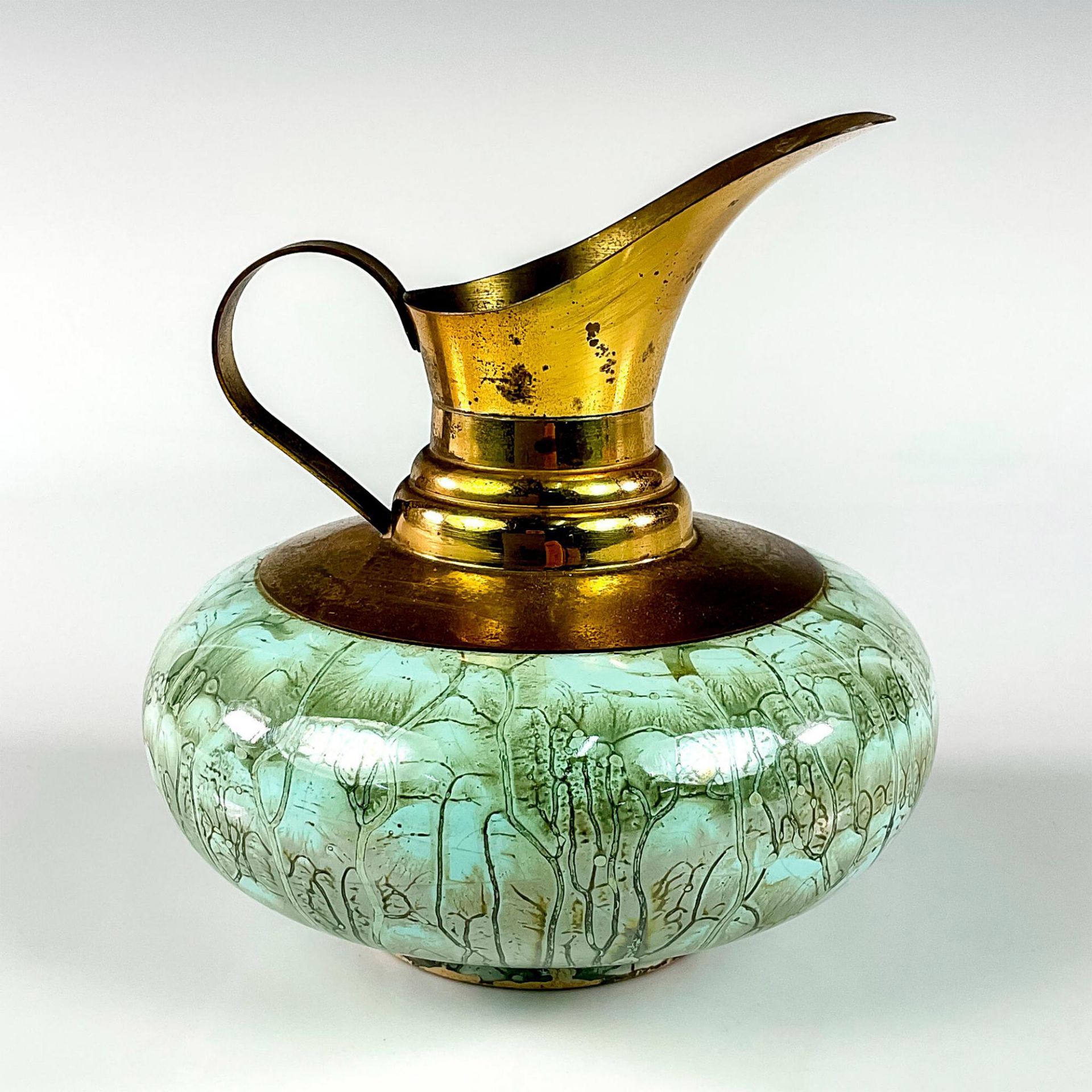 Mid-Century Delft Hand Painted Porcelain Ewer Brass Vase - Image 2 of 3
