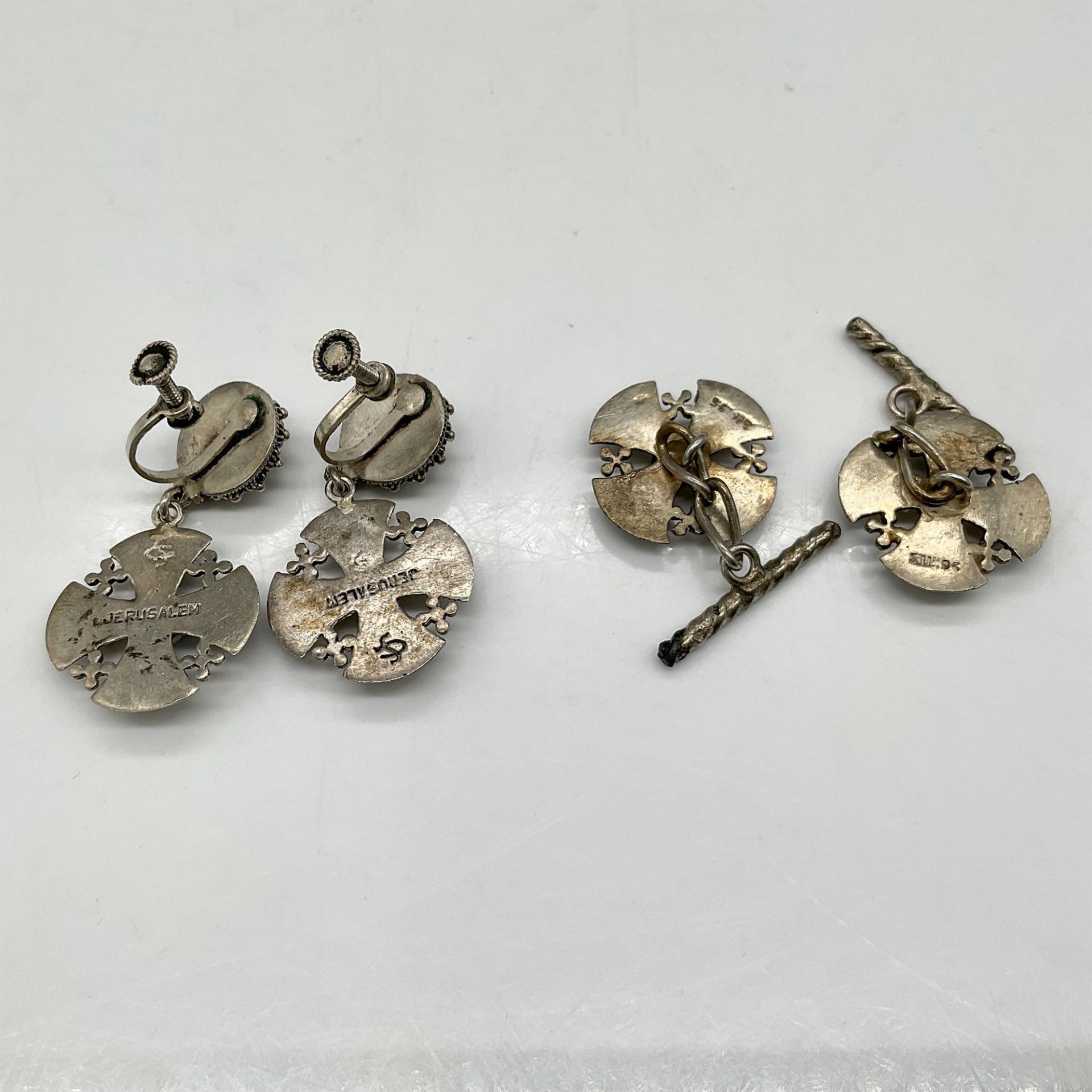 4pc Jerusalem Silver Jewelry, Earrings + Cufflinks - Bild 2 aus 2