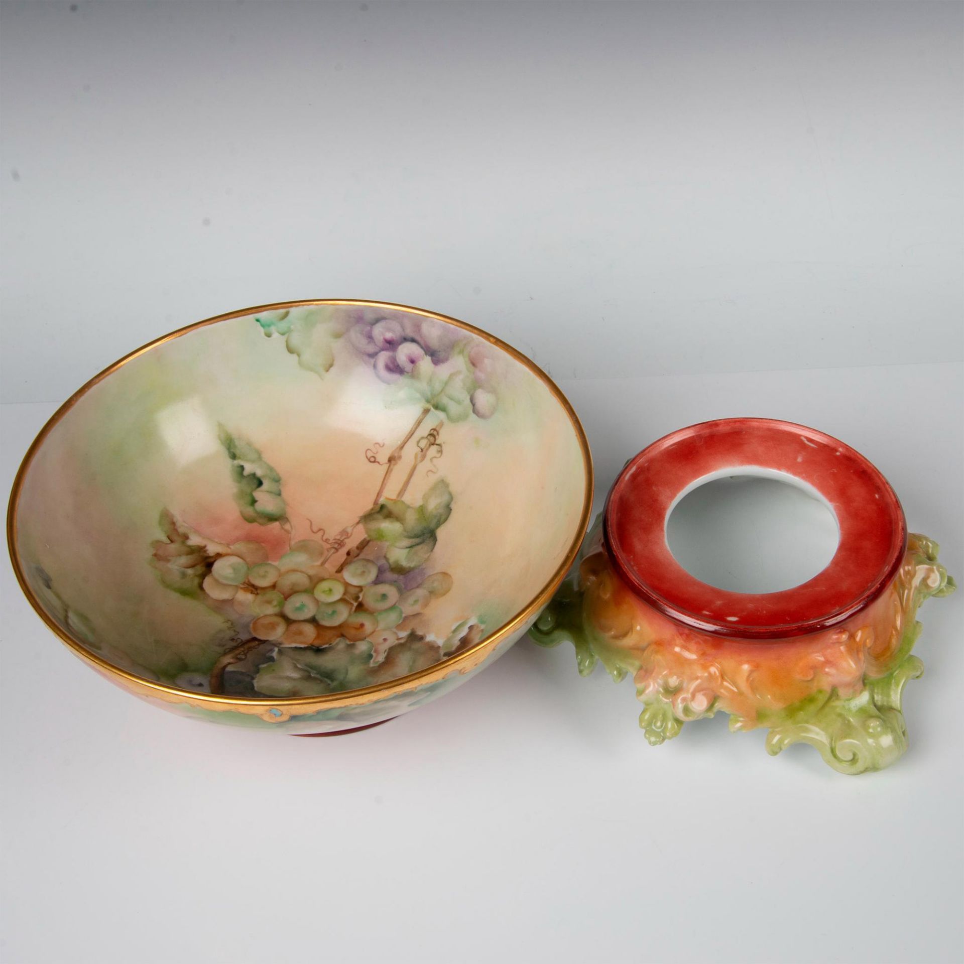 2pc Tressemanes & Vogt Limoges Hand Painted Punch Bowl with Stand - Image 5 of 8