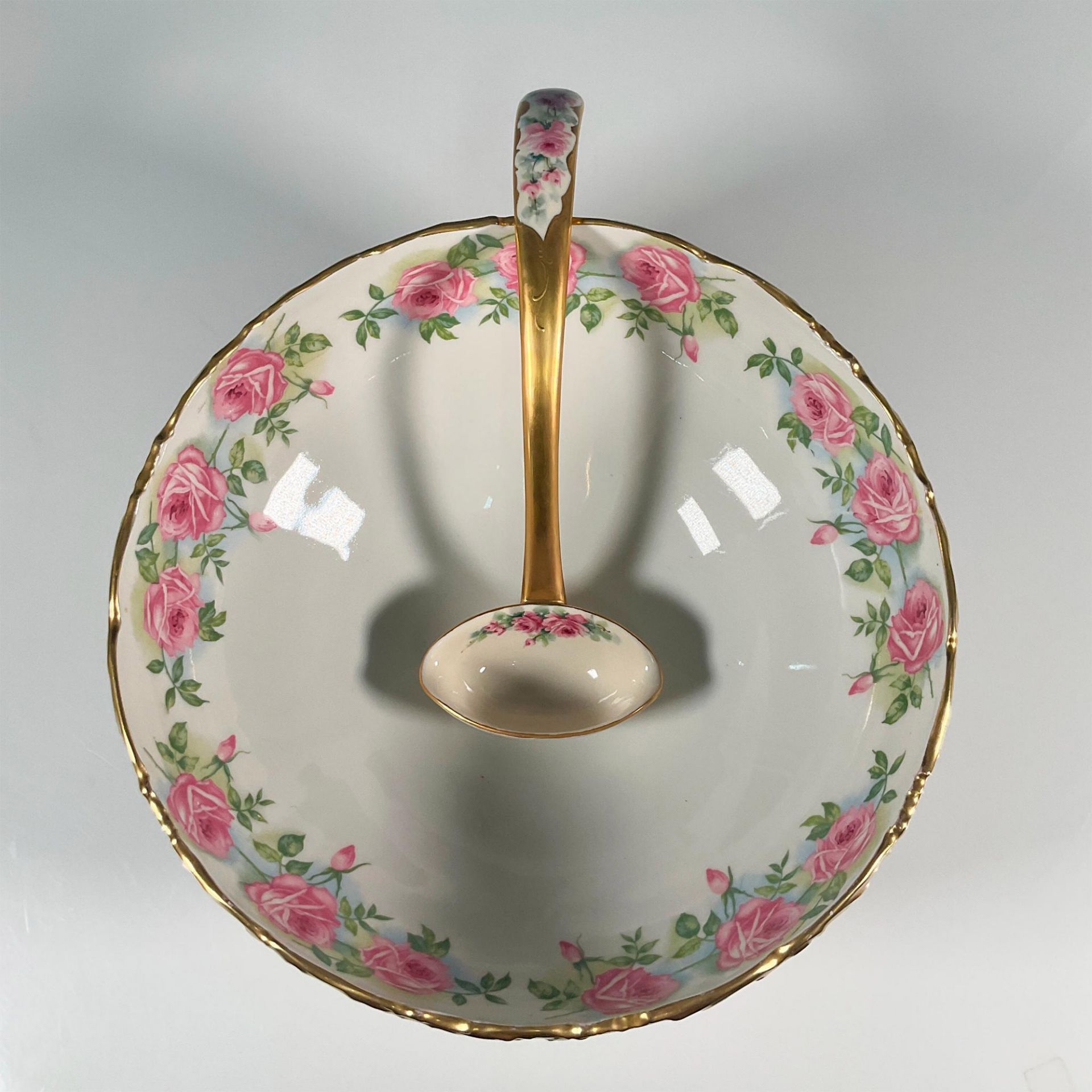 2pc T & V Limoges Porcelain Pink Roses Punch Bowl and Ladle - Image 2 of 3