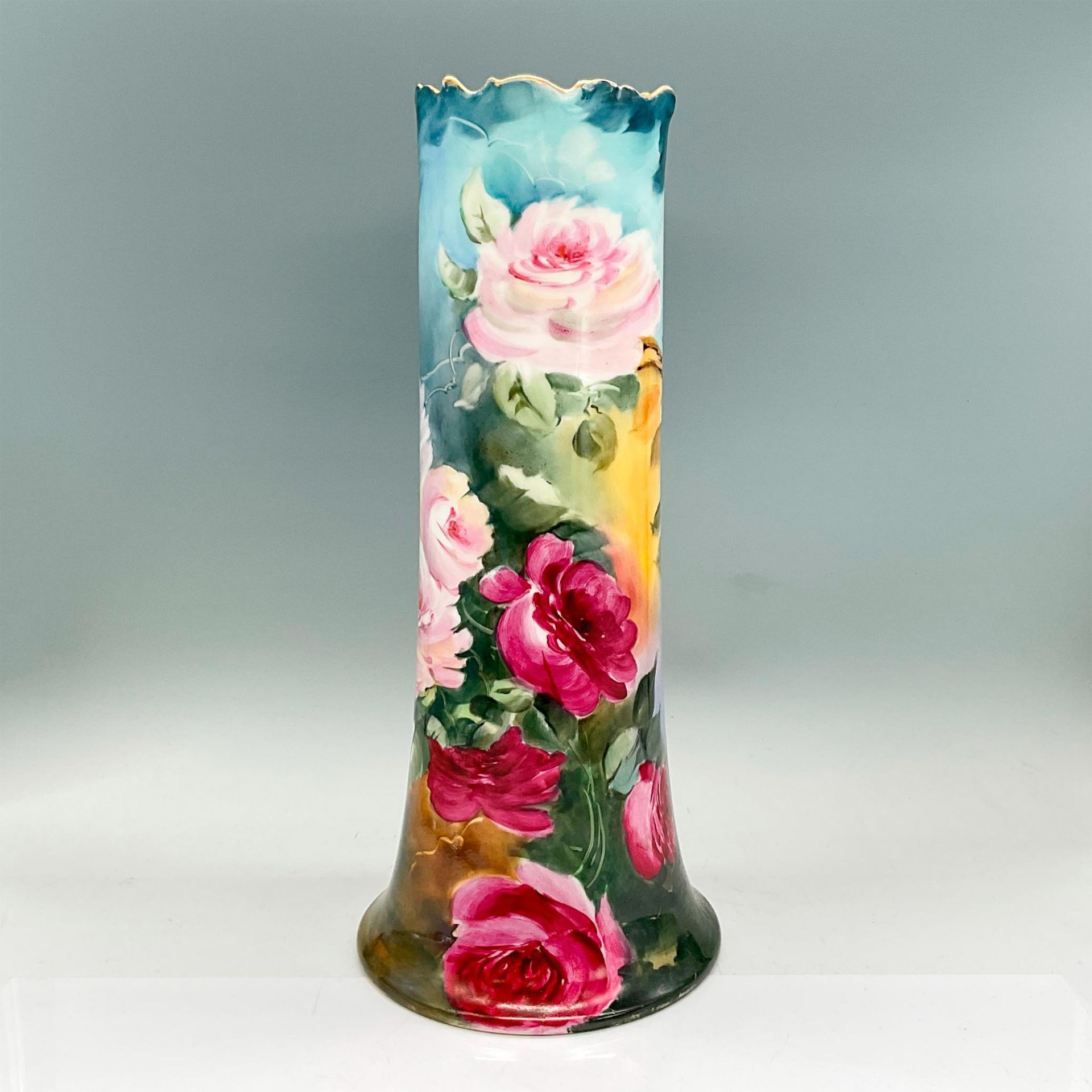 2pc W G & Co Limoges Porcelain Vase + Mug, Pink Roses - Image 2 of 7