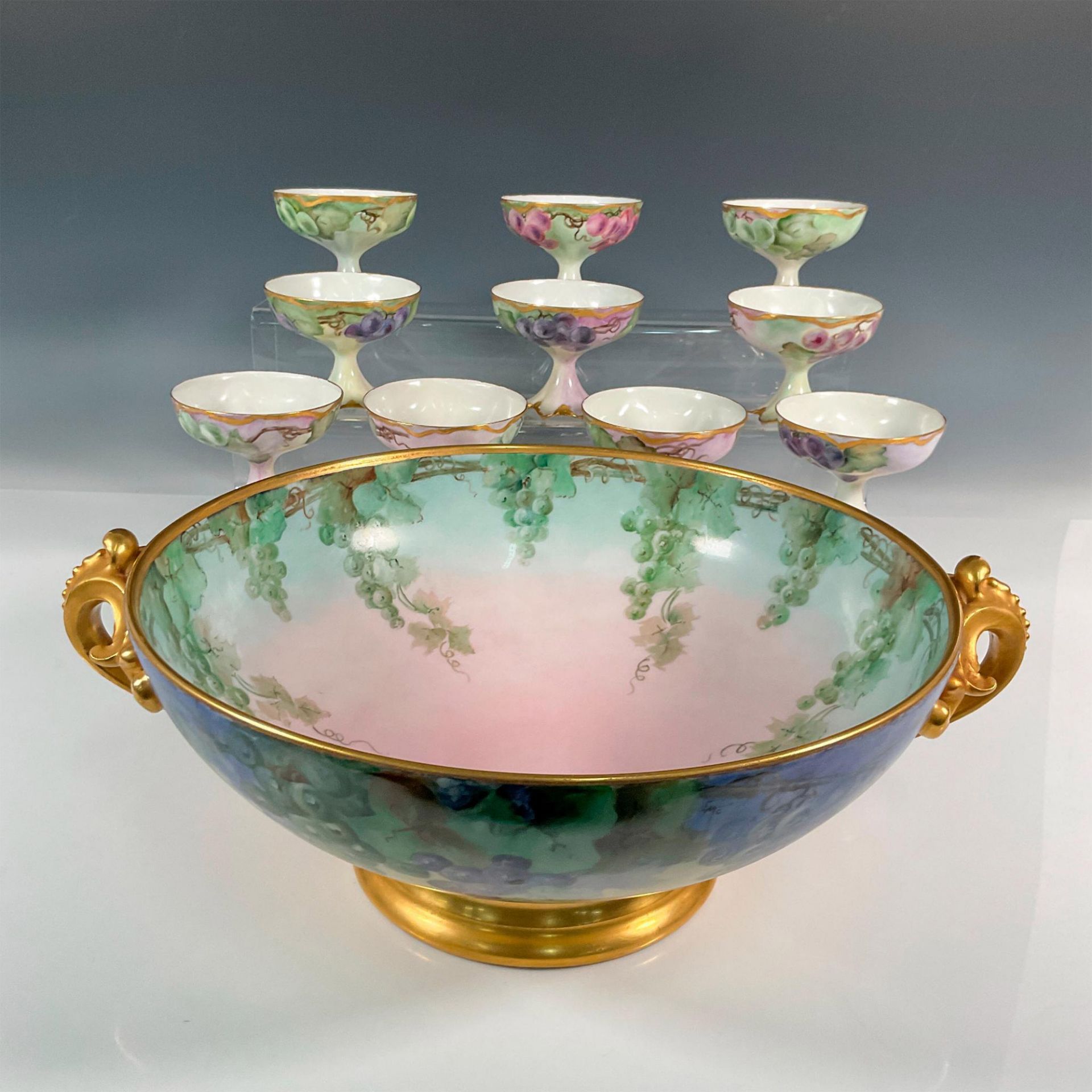 11pc Tressemanes Vogt Limoges Porcelain Bowl and Cups, Grape - Image 4 of 15