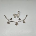 2pc Sterling Silver Jewelry, Charm Bracelet + Brooch