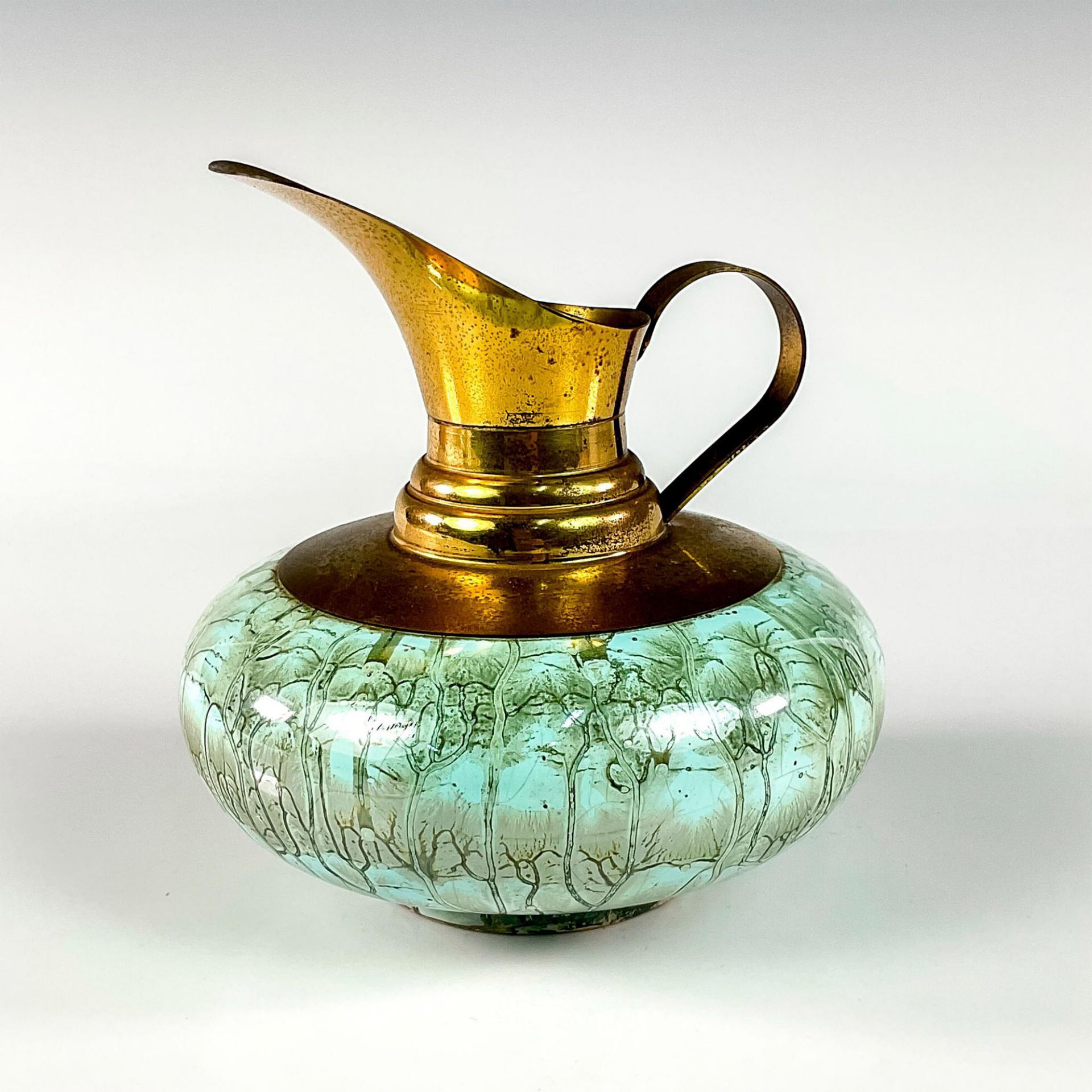 Mid-Century Delft Hand Painted Porcelain Ewer Brass Vase
