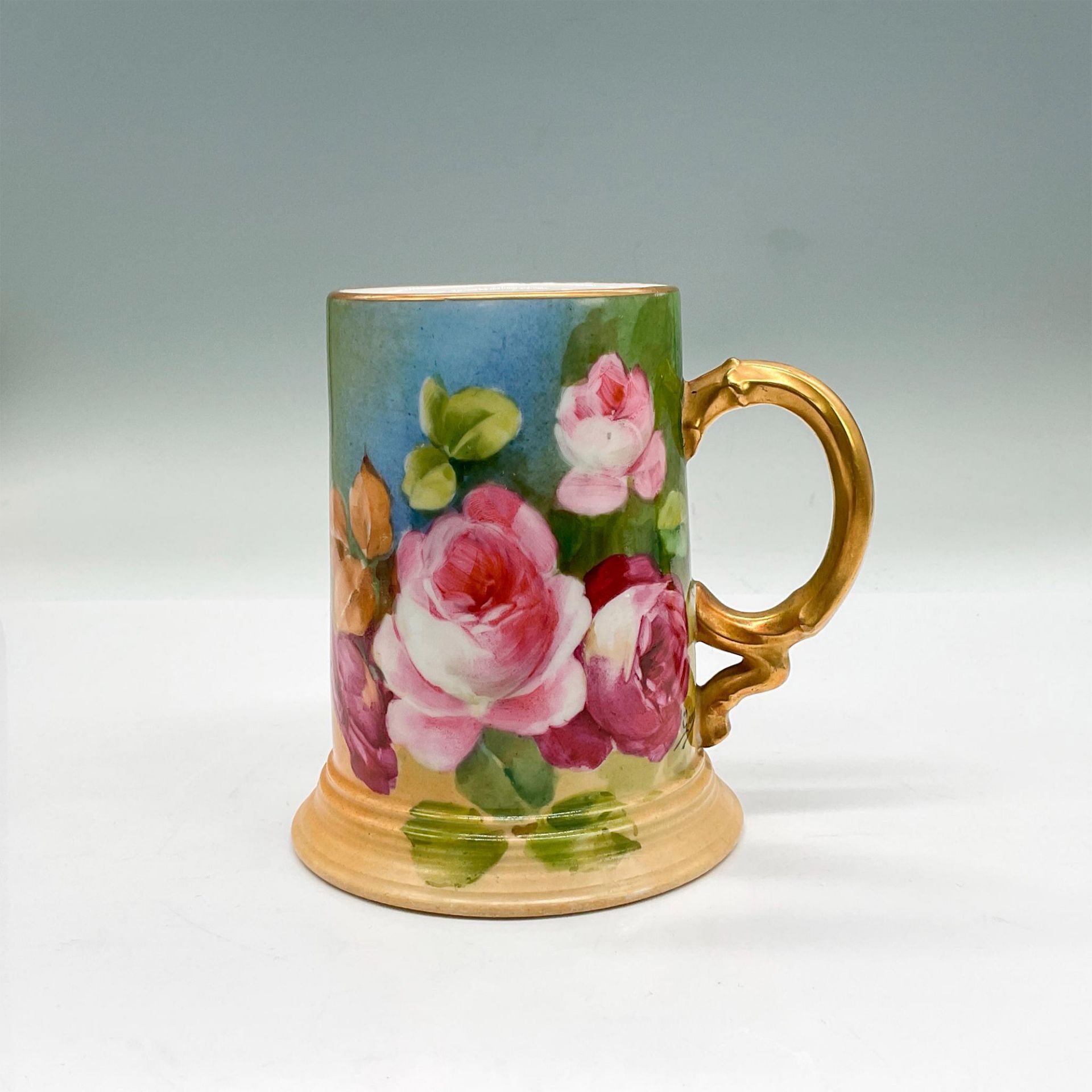 2pc W G & Co Limoges Porcelain Vase + Mug, Pink Roses - Image 4 of 7