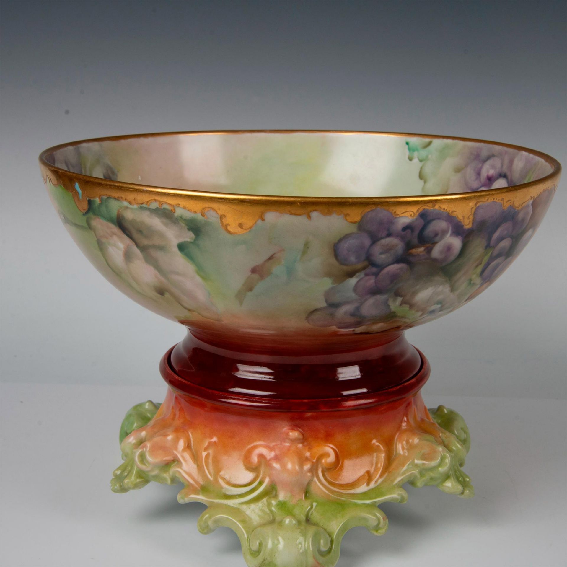2pc Tressemanes & Vogt Limoges Hand Painted Punch Bowl with Stand - Image 4 of 8