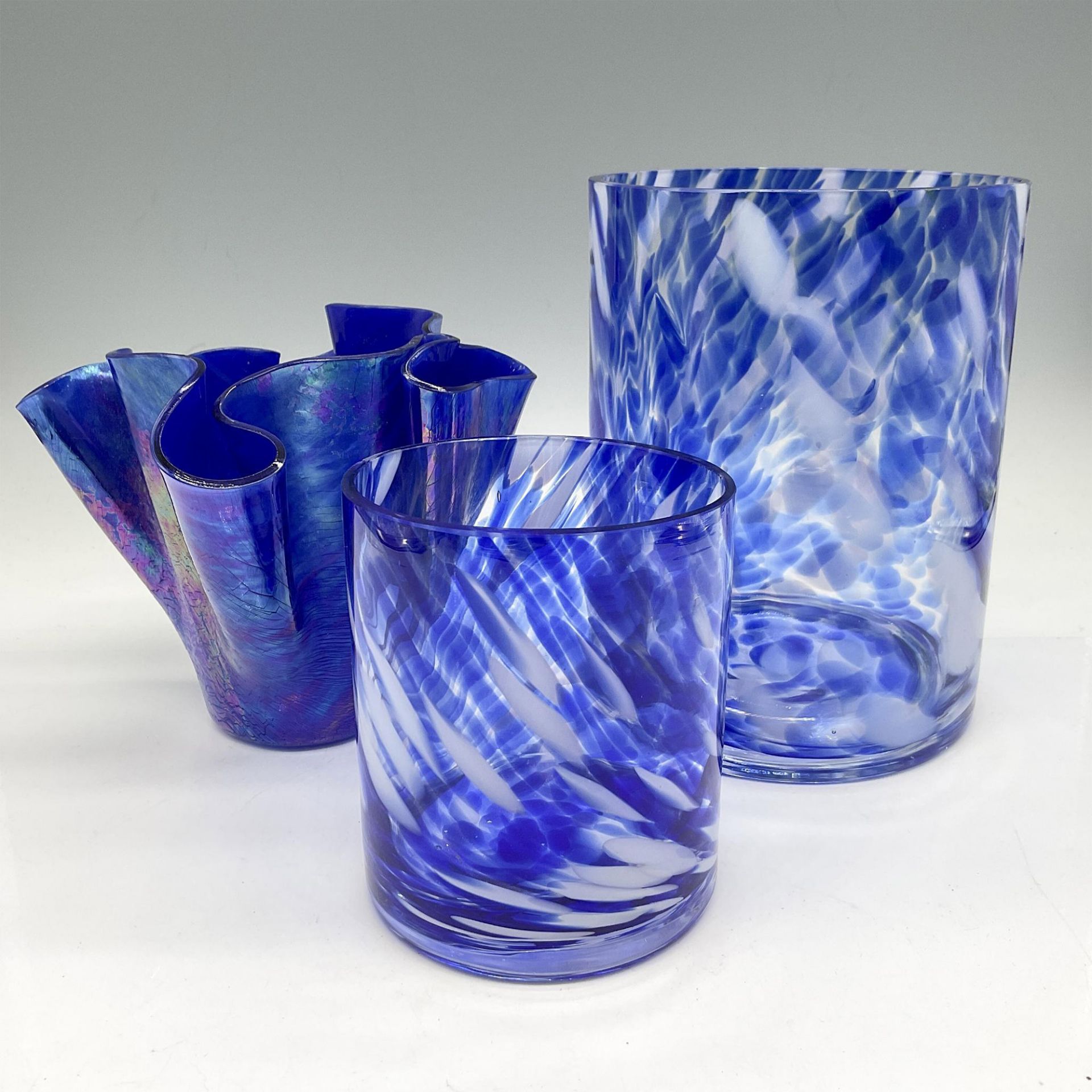 3pc Art Deco Glass Handkerchief Vases and Votive