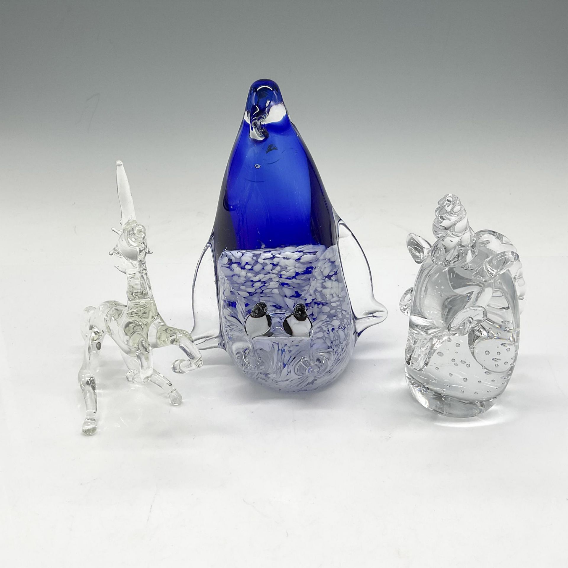 3pc Handblown Glass Figurines, Penguin + Unicorns