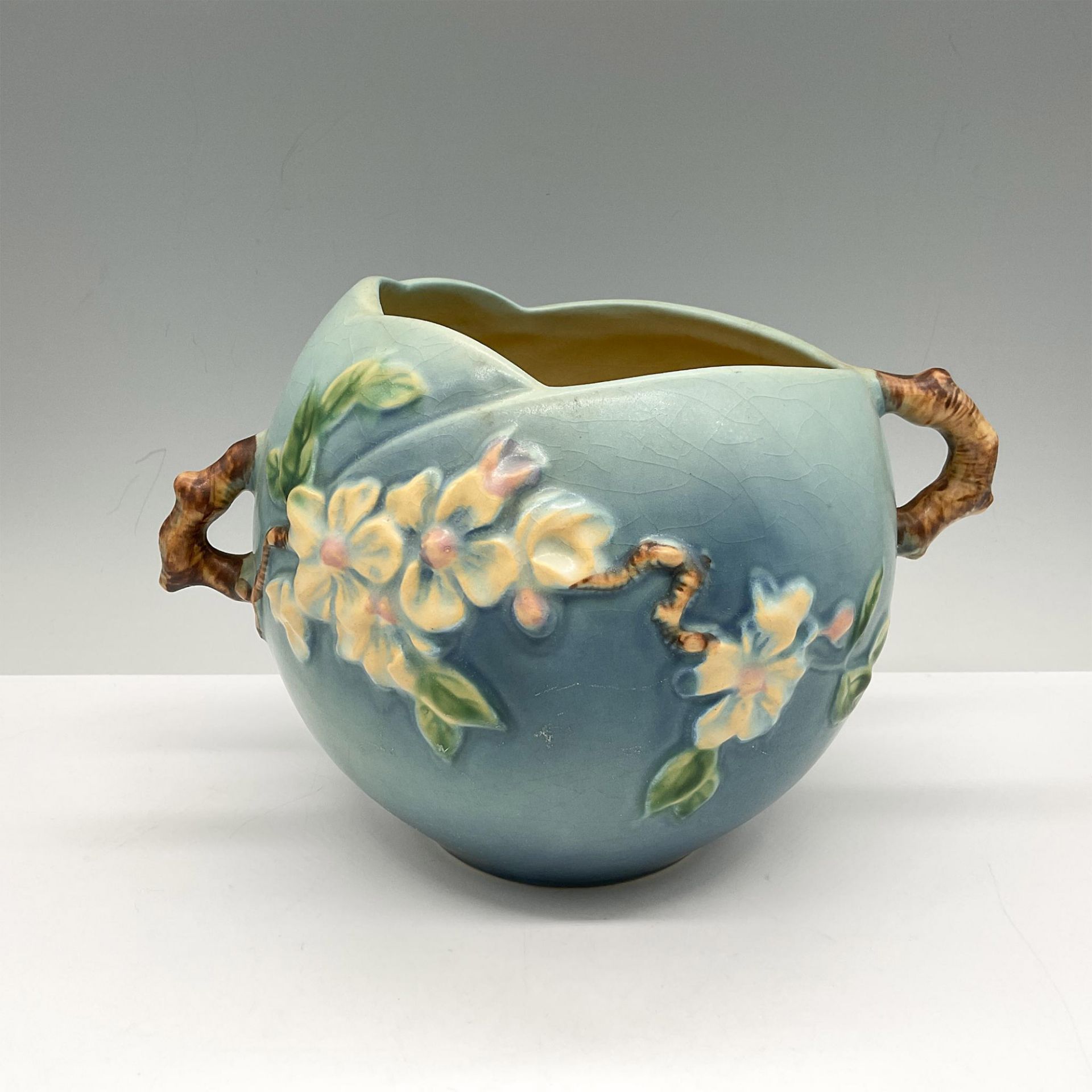 Roseville Pottery Double-Handled Planter, Blue Apple Blossom