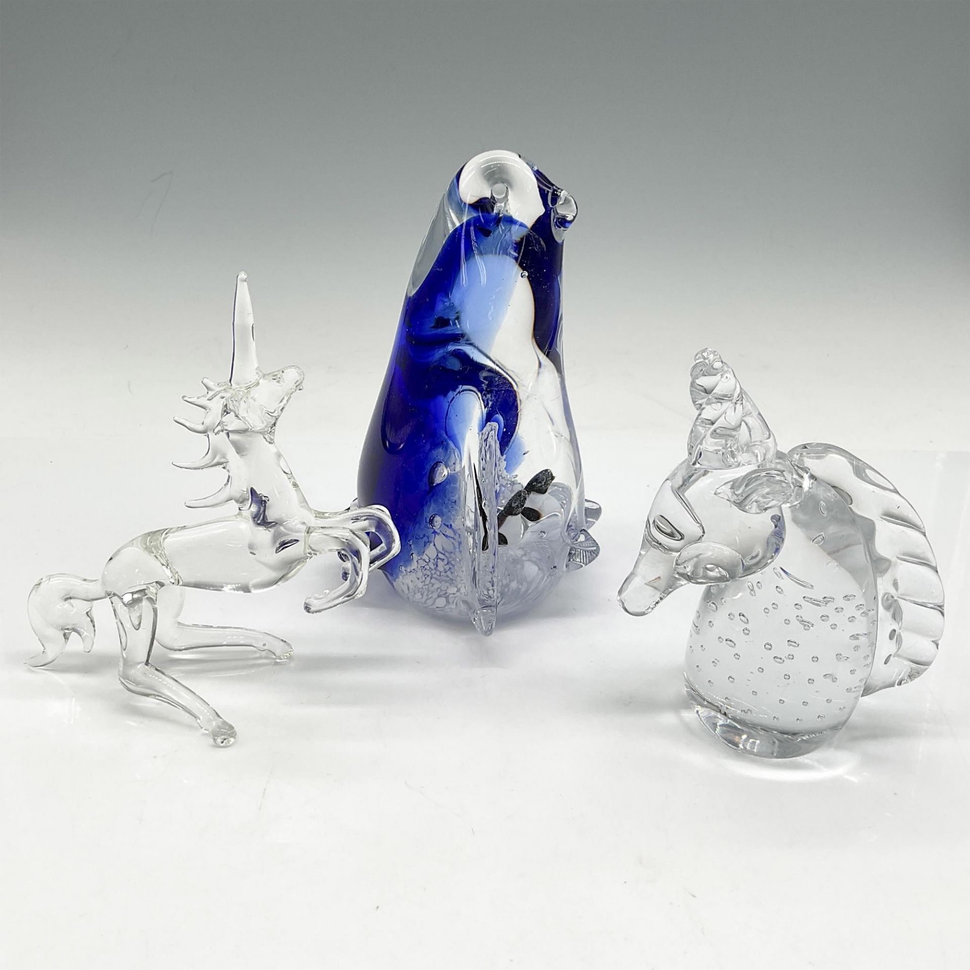 3pc Handblown Glass Figurines, Penguin + Unicorns - Image 2 of 3