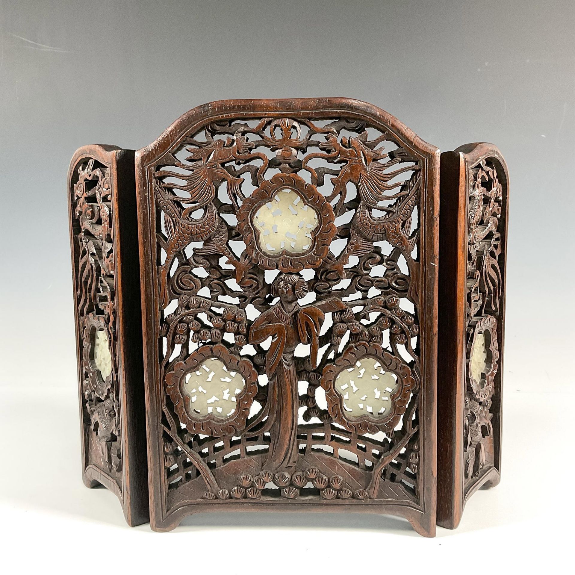 Chinese Carved Hardwood and Jade Table Screen