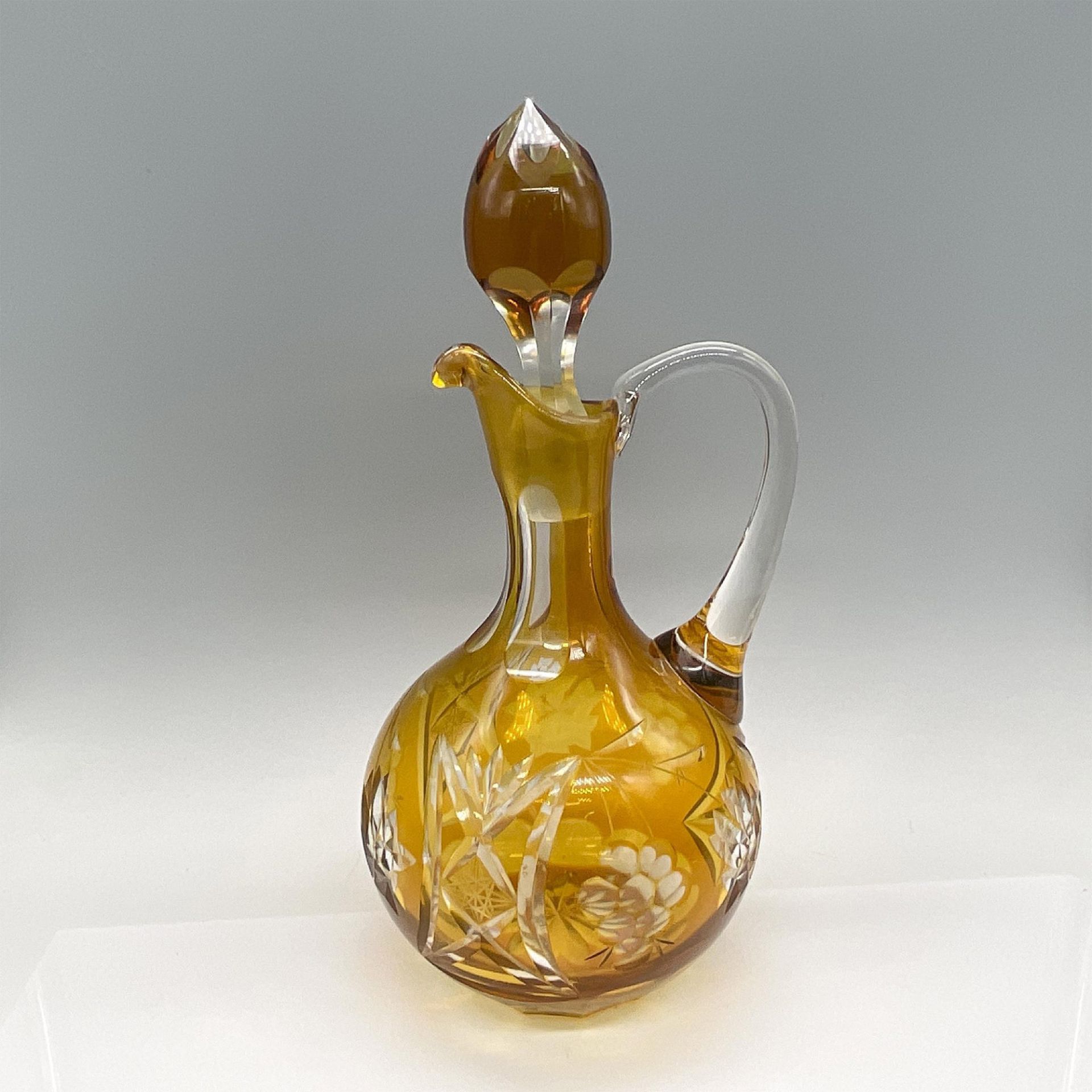 Bohemian Amber Cut to Clear Glass Decanter with Stopper