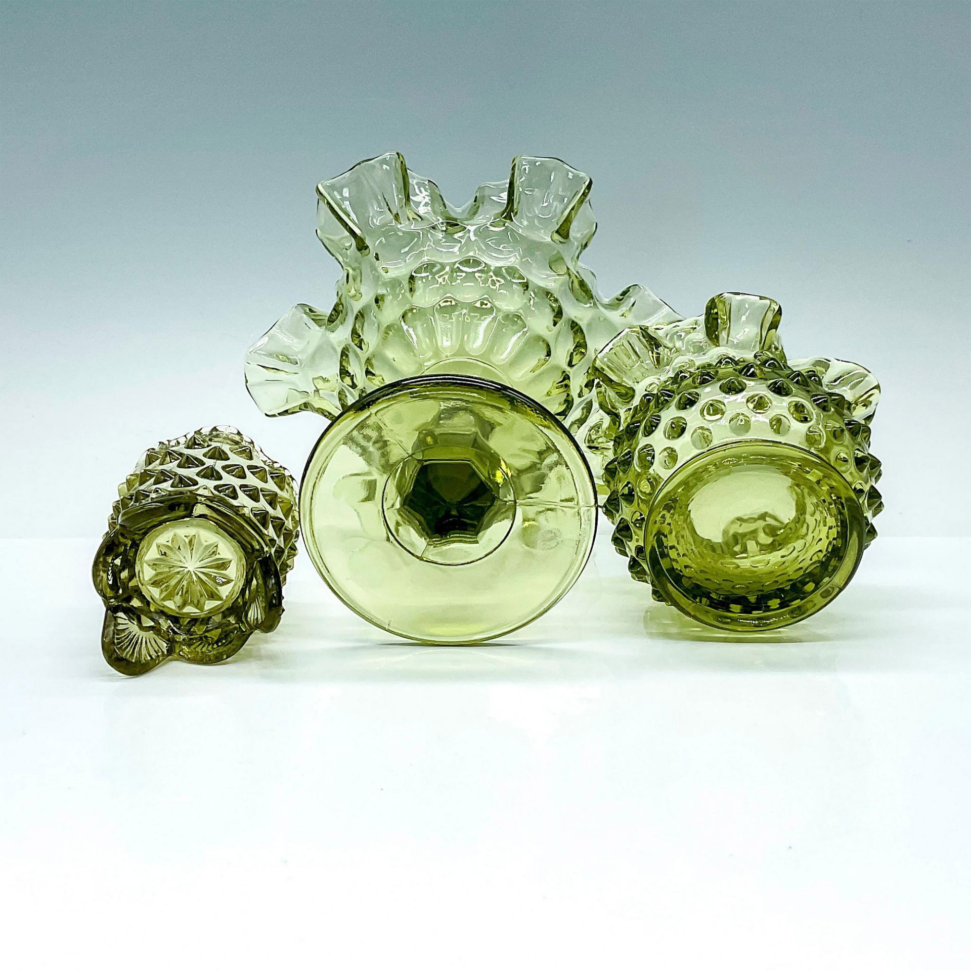 3pc Vintage Green Hobnail Glass Dishes - Image 3 of 3