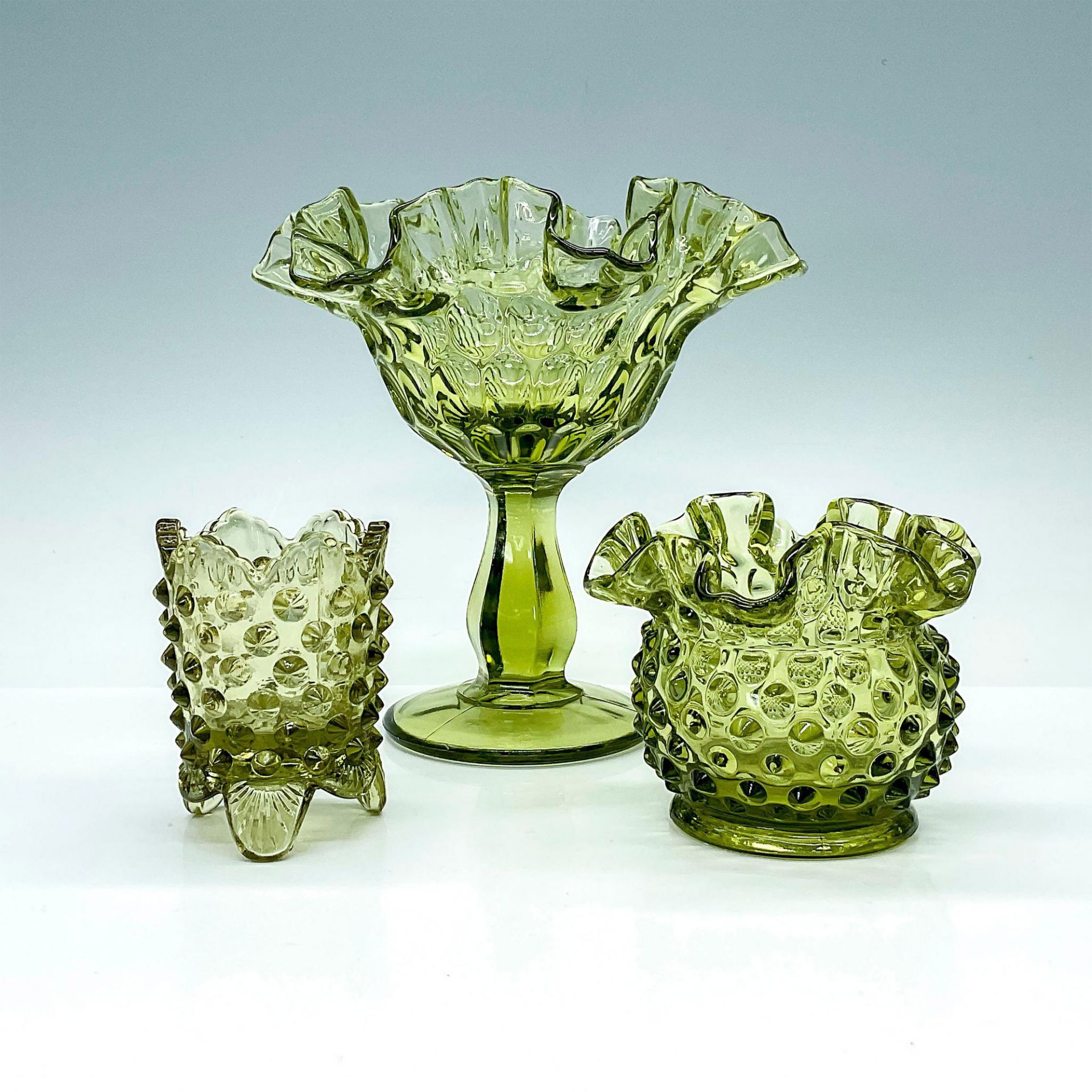 3pc Vintage Green Hobnail Glass Dishes - Image 2 of 3