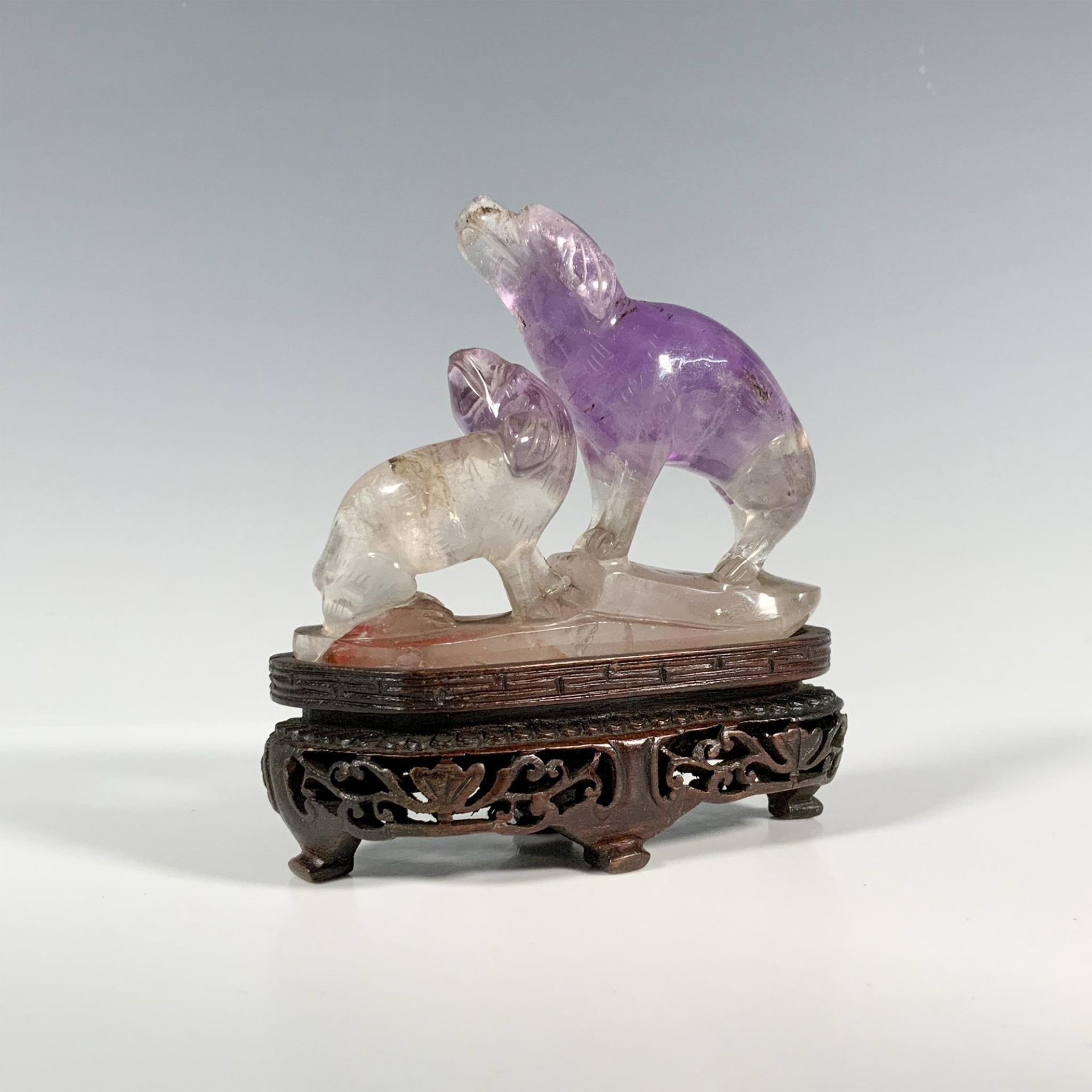 Chinese Amethyst Crystal Dog Figurine on Wood Base