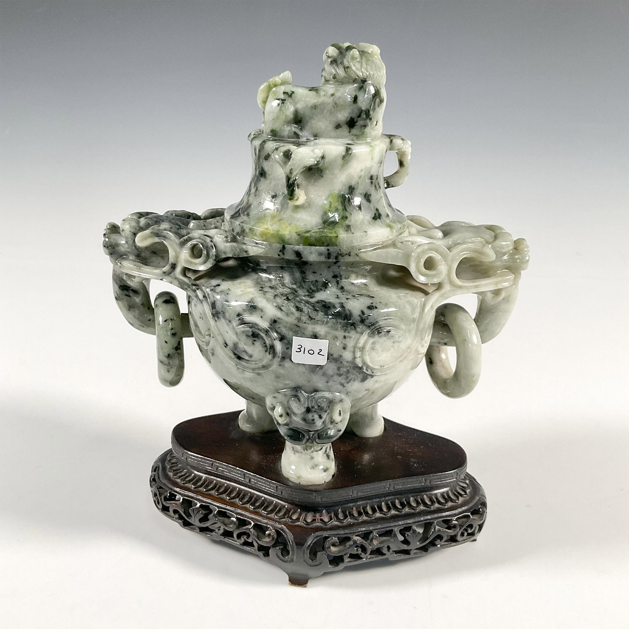 Chinese Jade Carved Dragon Censer on Wood Stand - Image 2 of 3
