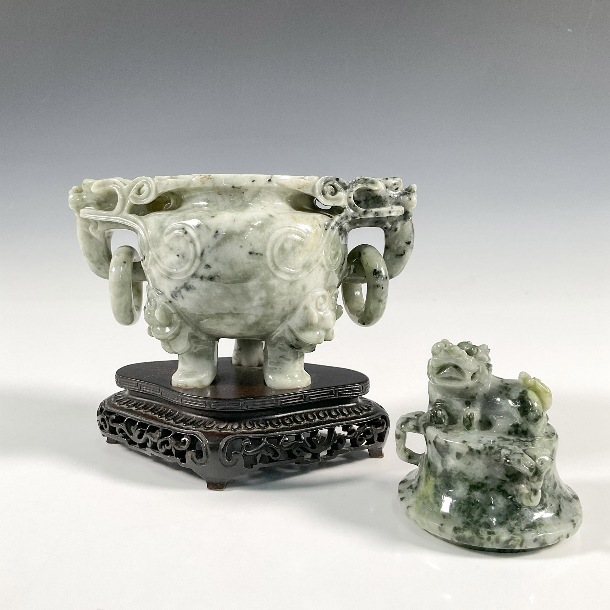Chinese Jade Carved Dragon Censer on Wood Stand - Image 3 of 3