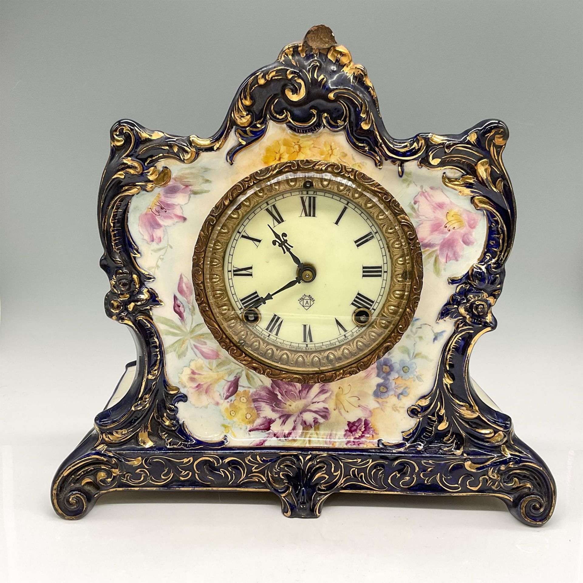 Antique Ansonia Clock Co. and Royal Bonn Porcelain Mantel Clock