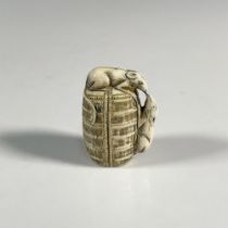 Japanese Carved Bone Rats on Basket Netsuke