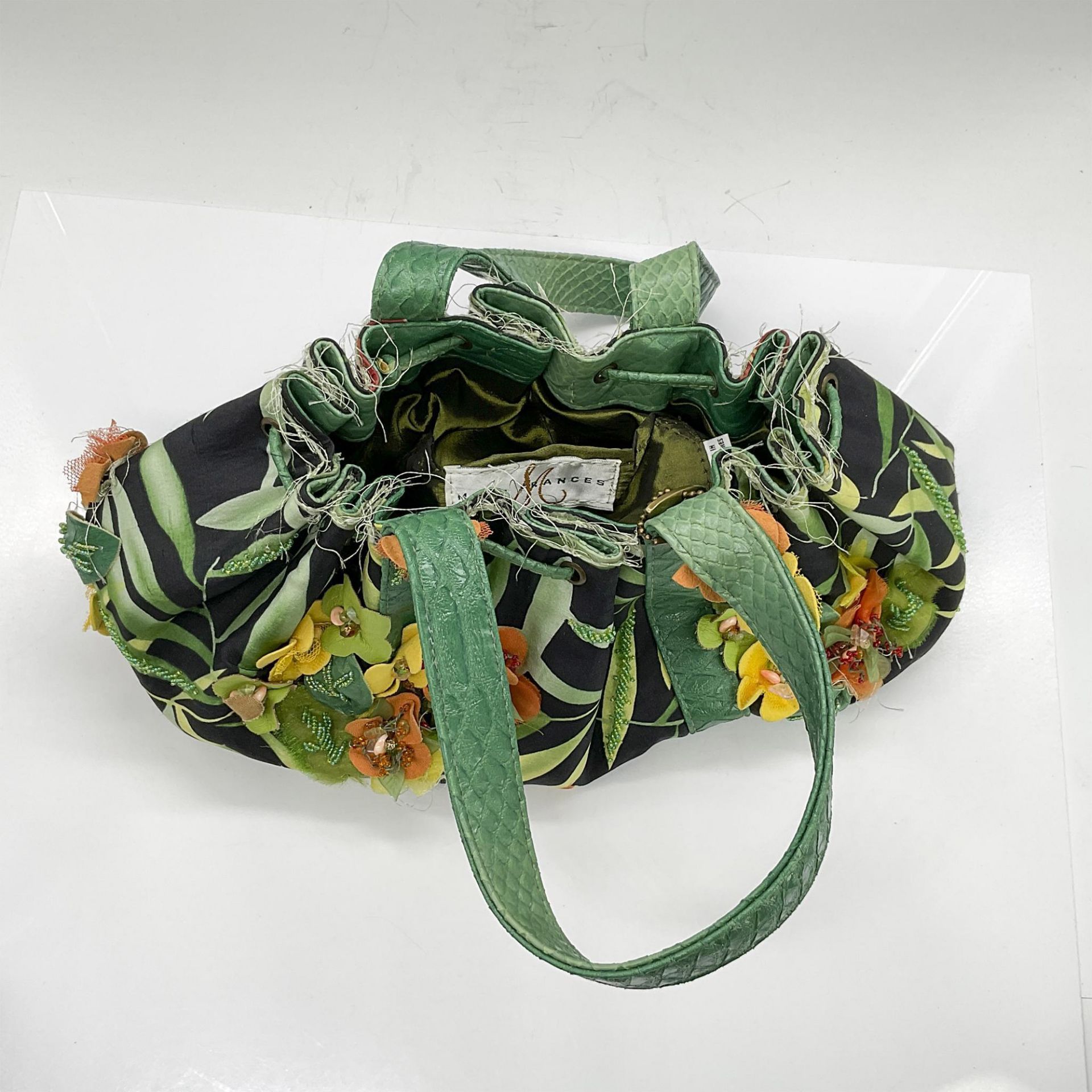 Mary Frances Silk Handbag, Green Leaves on Black - Image 5 of 5