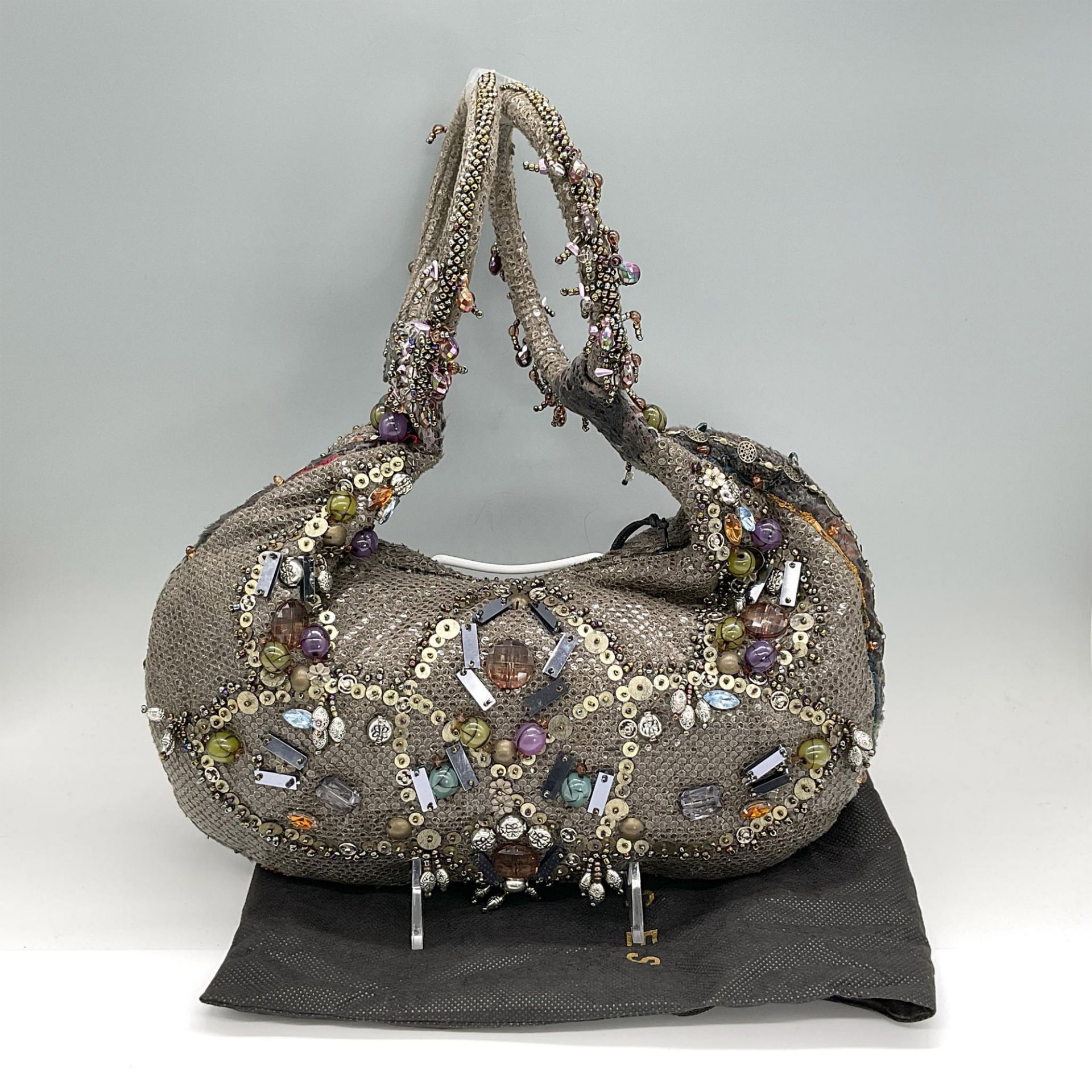 Mary Frances Fabric Handbag, Charcoal Grey w Beads - Image 4 of 5