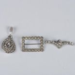 3pc Silver Metal Rhinestone Costume Pendant and Brooches