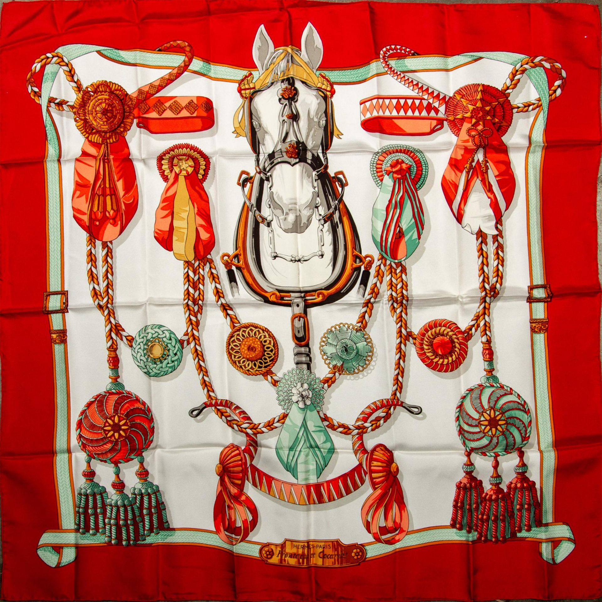Hermes Silk Scarf, Frontaux Et Cocardes in Red