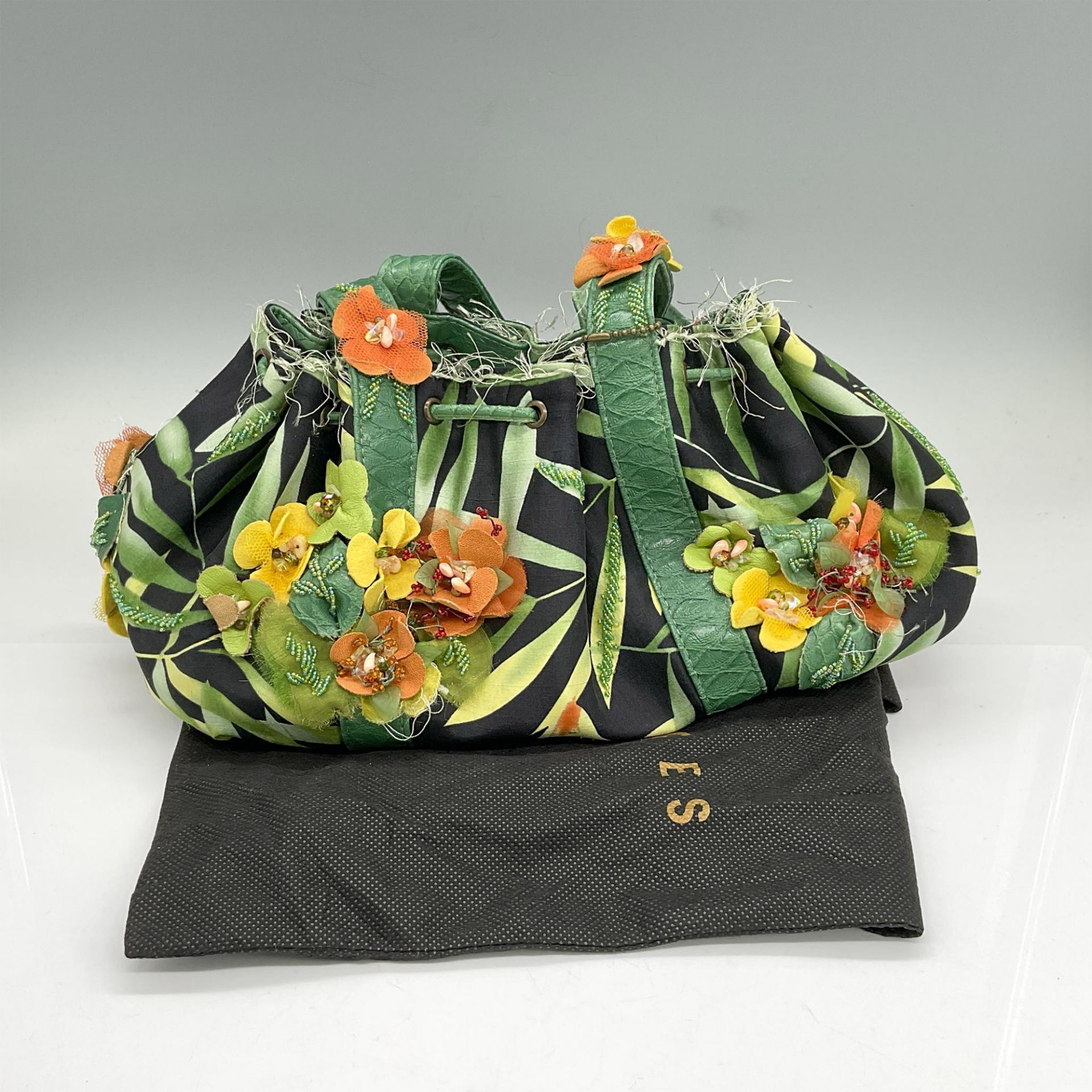 Mary Frances Silk Handbag, Green Leaves on Black - Image 4 of 5