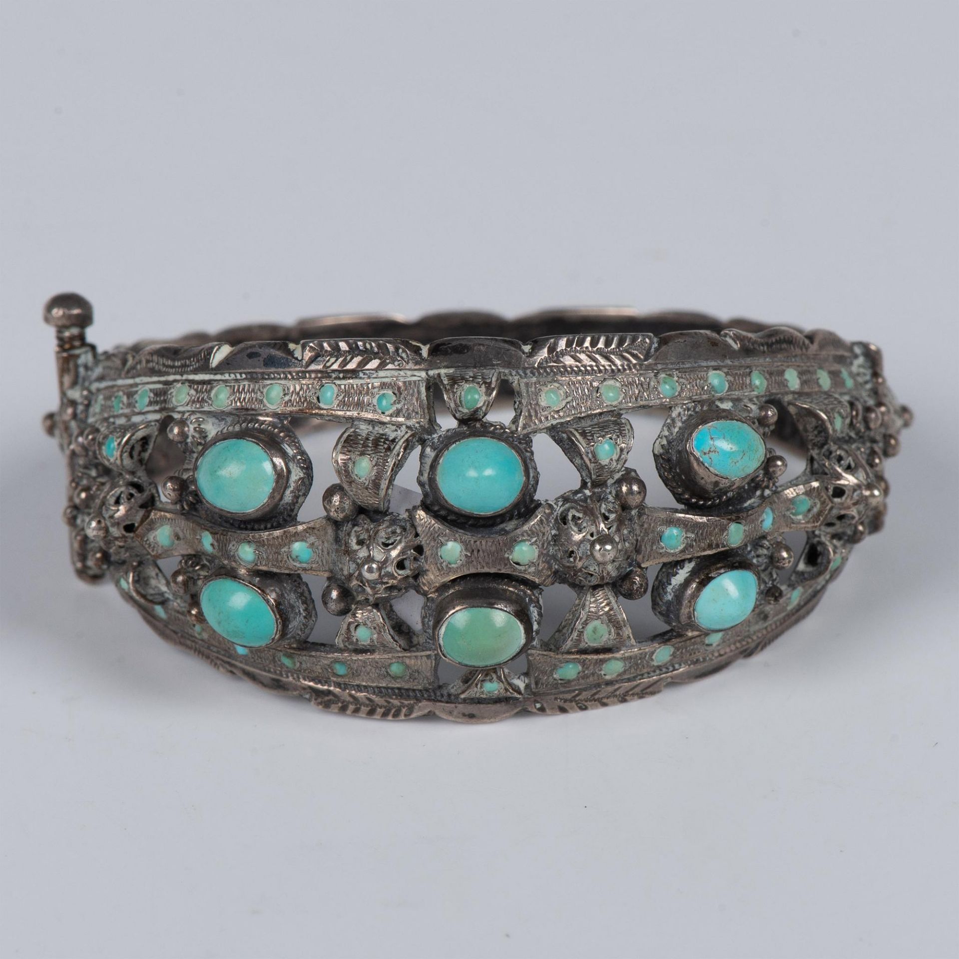 Antique Export Silver Chinese Turquoise Hinged Bracelet
