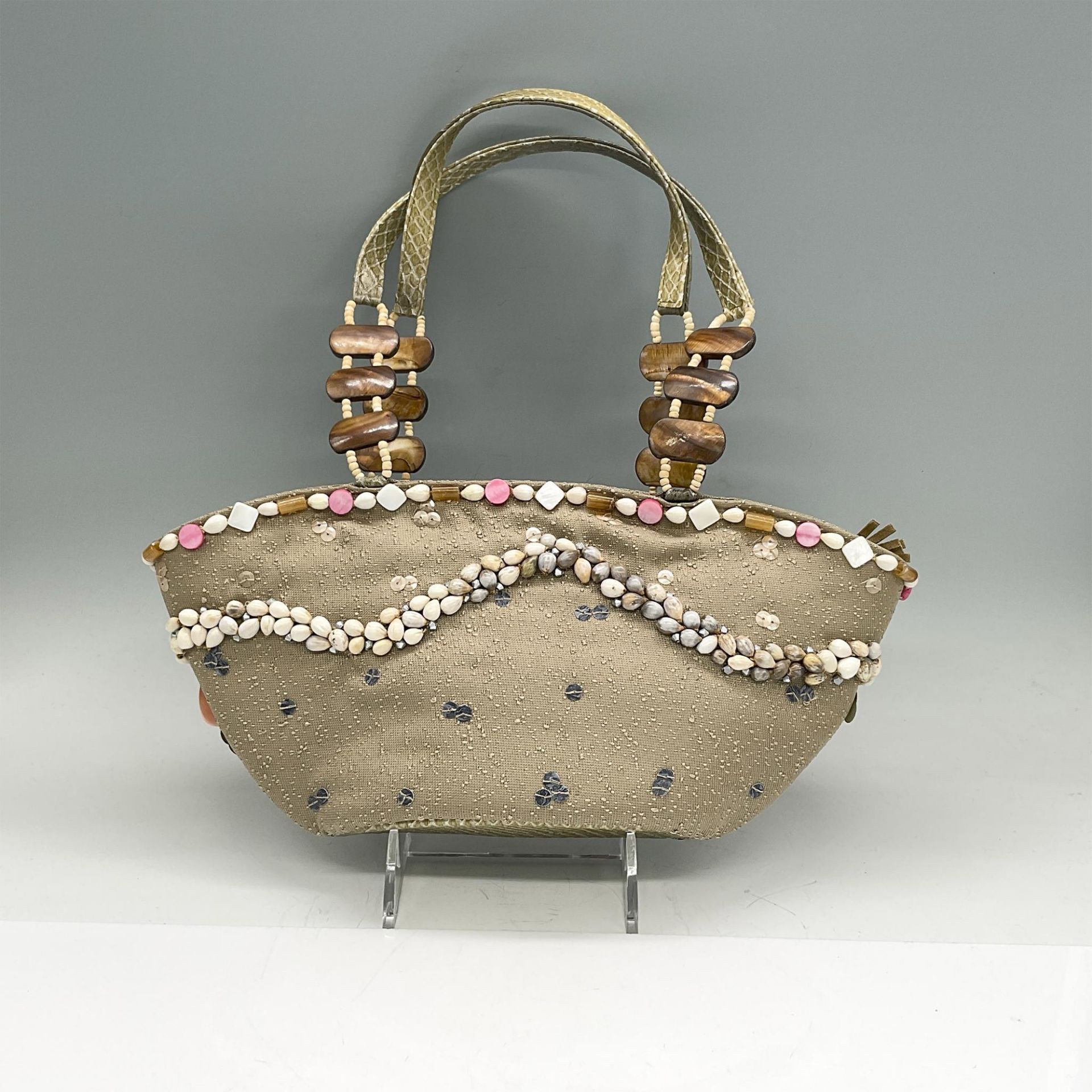 Mary Frances Fabric Handbag, Taupe With Multicolor Beads - Image 2 of 5
