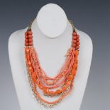 Pretty Gold Metal and Faux Pink Coral Beaded Costume Necklace