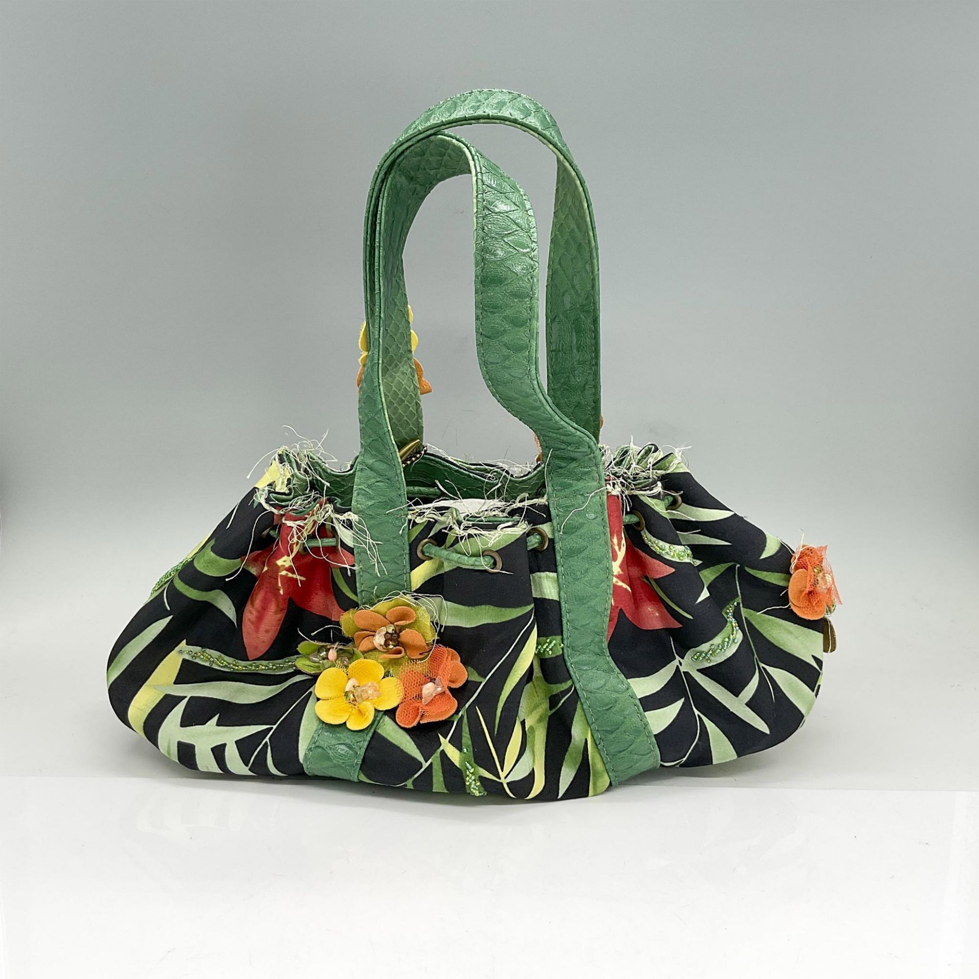 Mary Frances Silk Handbag, Green Leaves on Black - Image 2 of 5