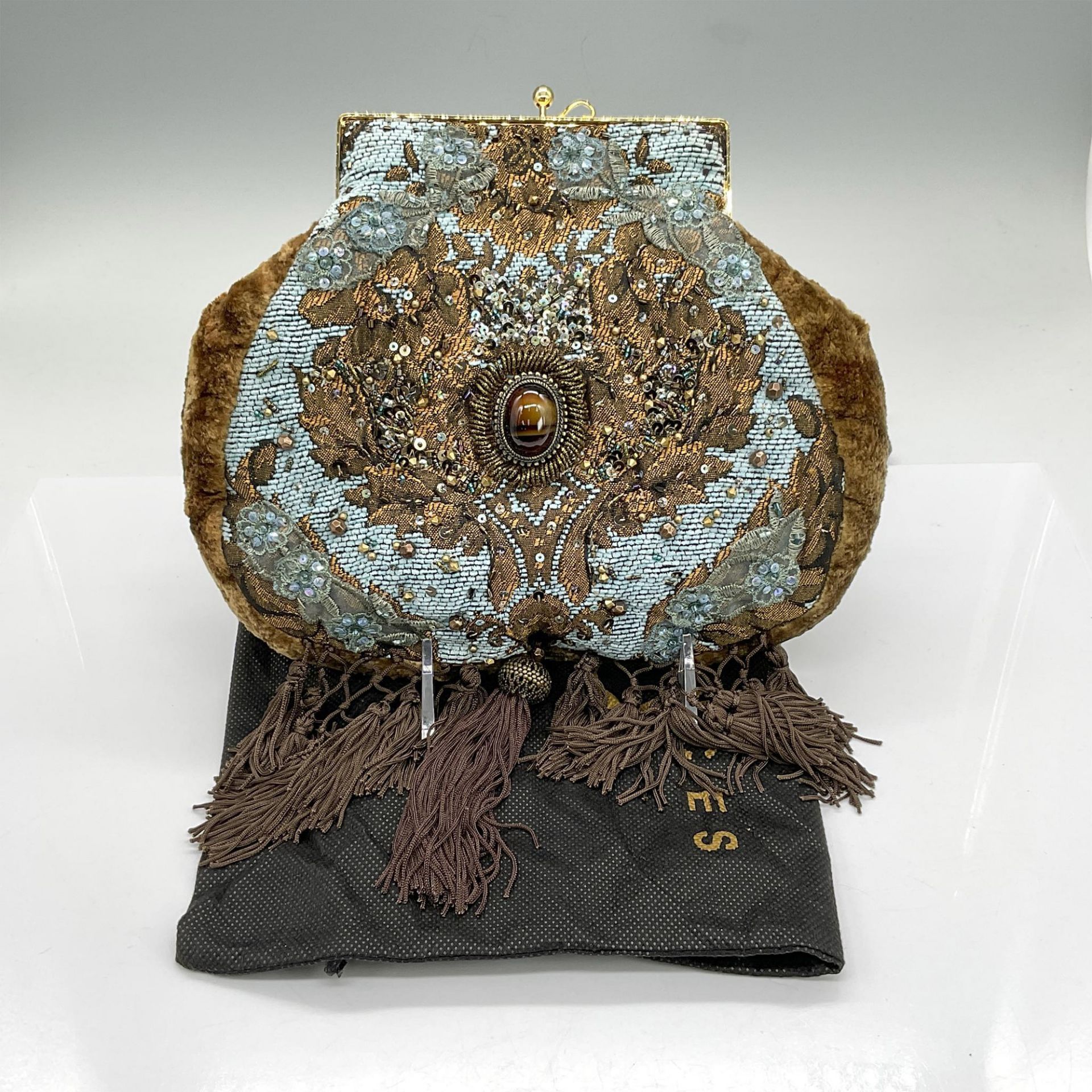 Mary Frances Velvet and Jacquard Handbag, Brown/Turquoise - Image 4 of 5