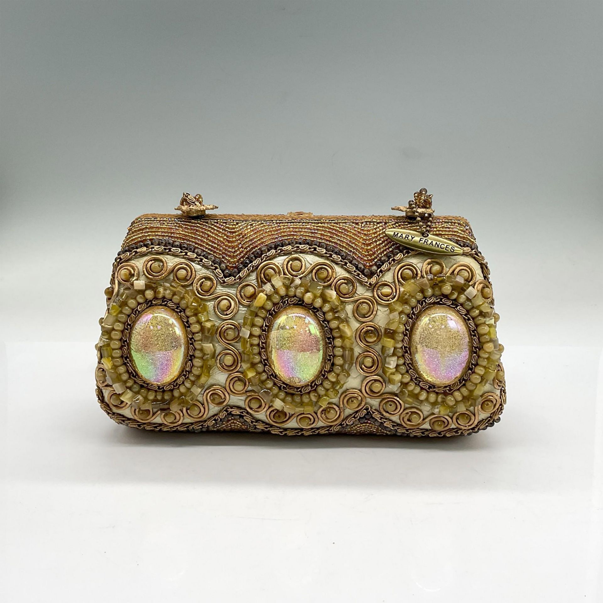 Mary Frances Beaded Leather Handbag, Tan/Amber