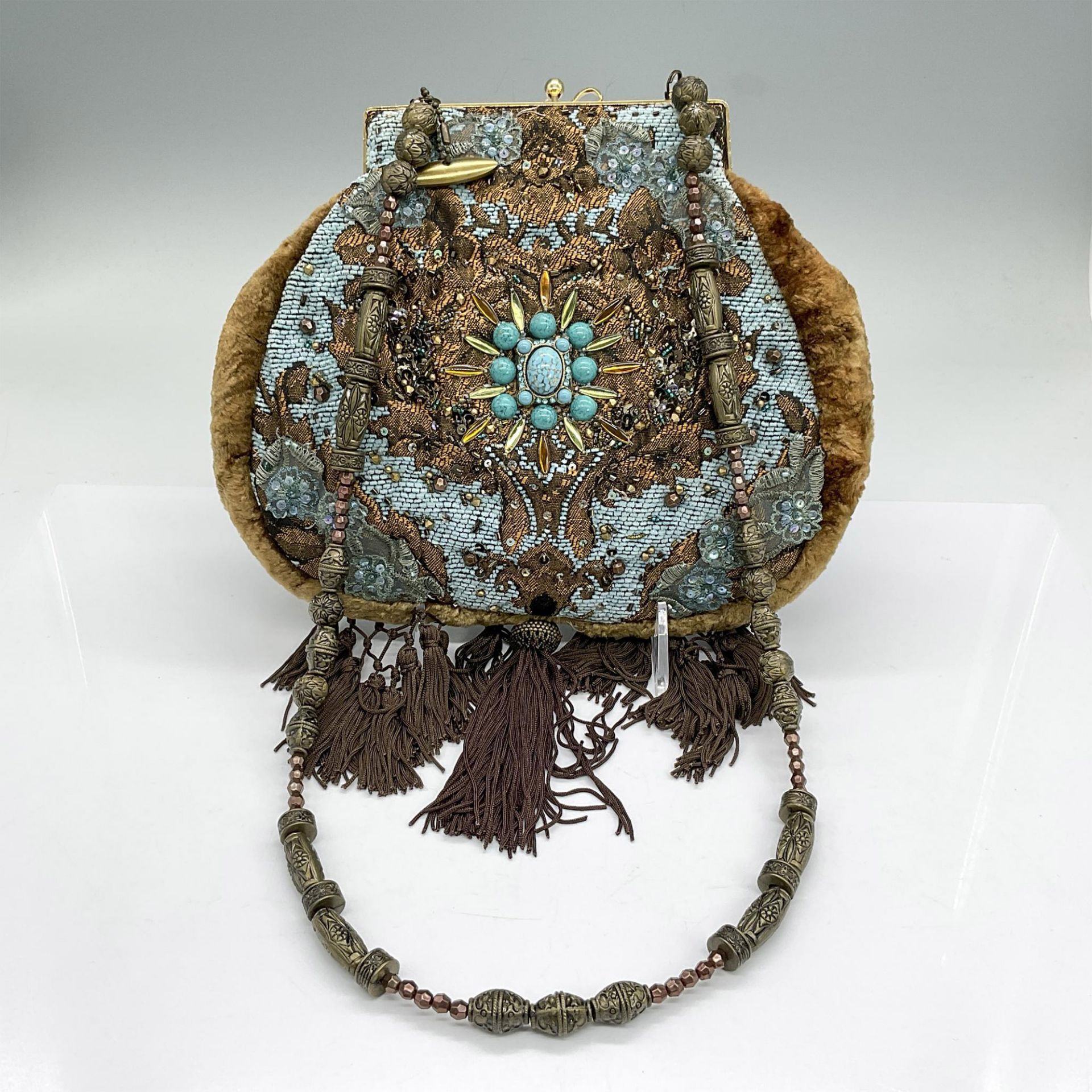 Mary Frances Velvet and Jacquard Handbag, Brown/Turquoise - Image 2 of 5