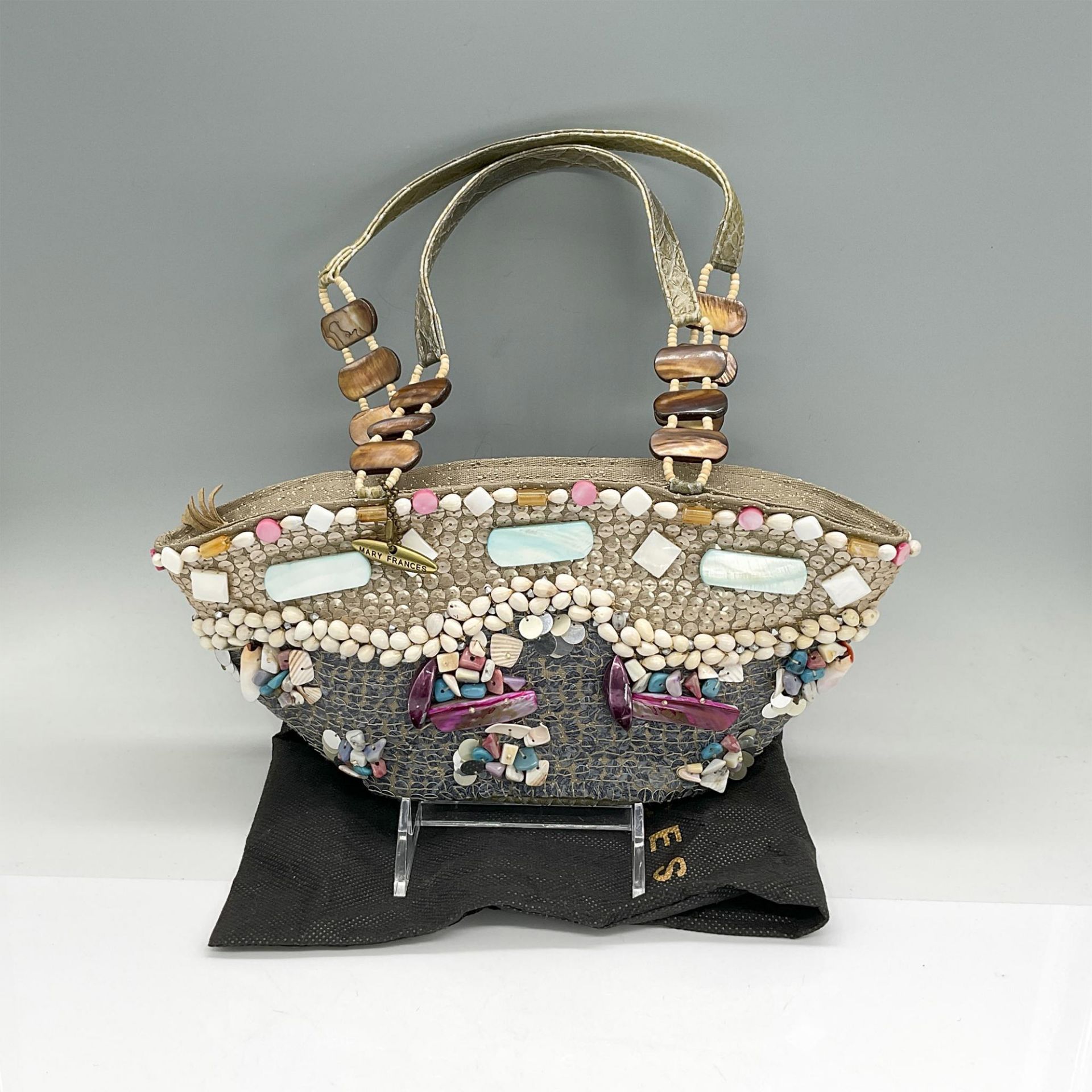 Mary Frances Fabric Handbag, Taupe With Multicolor Beads - Image 4 of 5