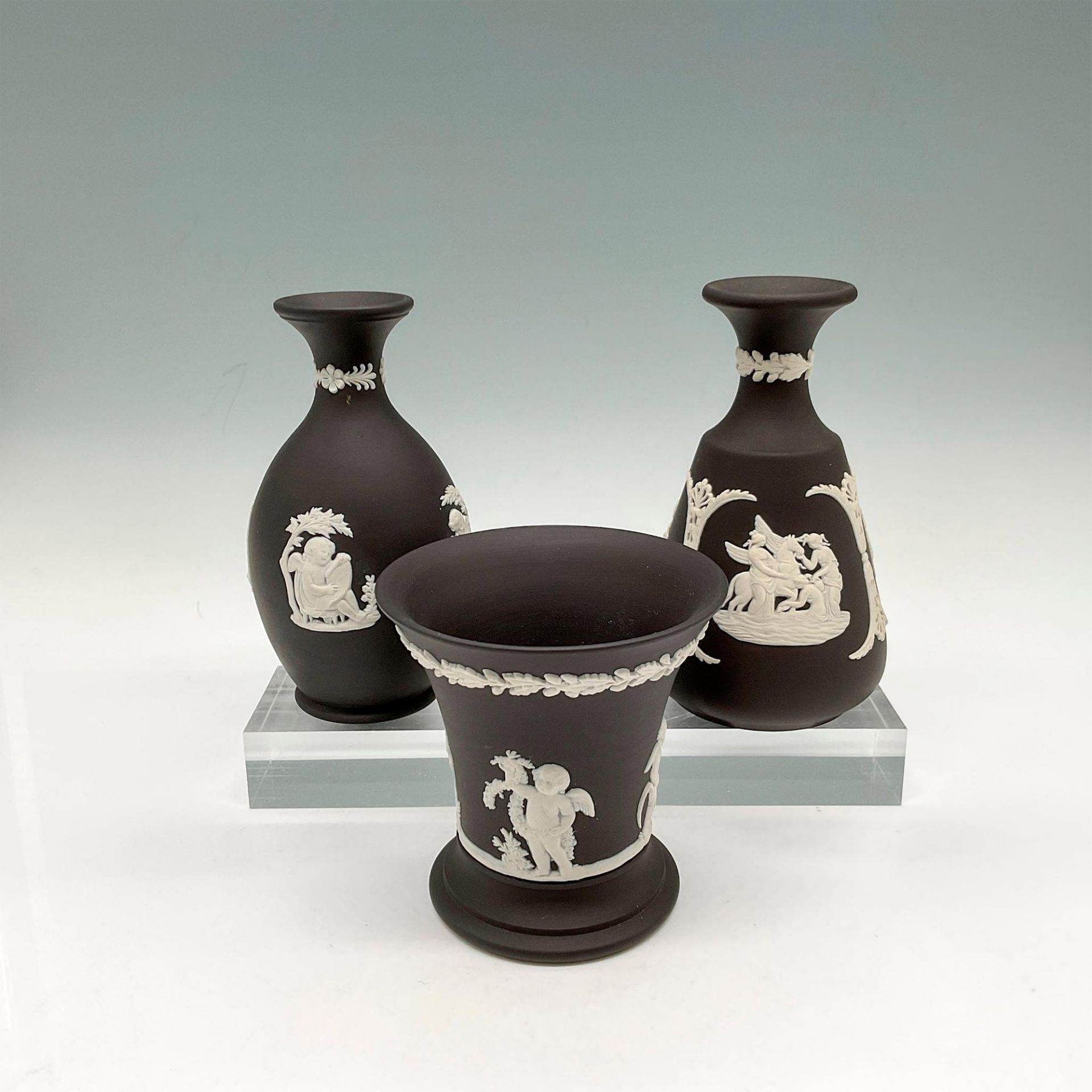 3pc Wedgwood Black Jasperware Vases