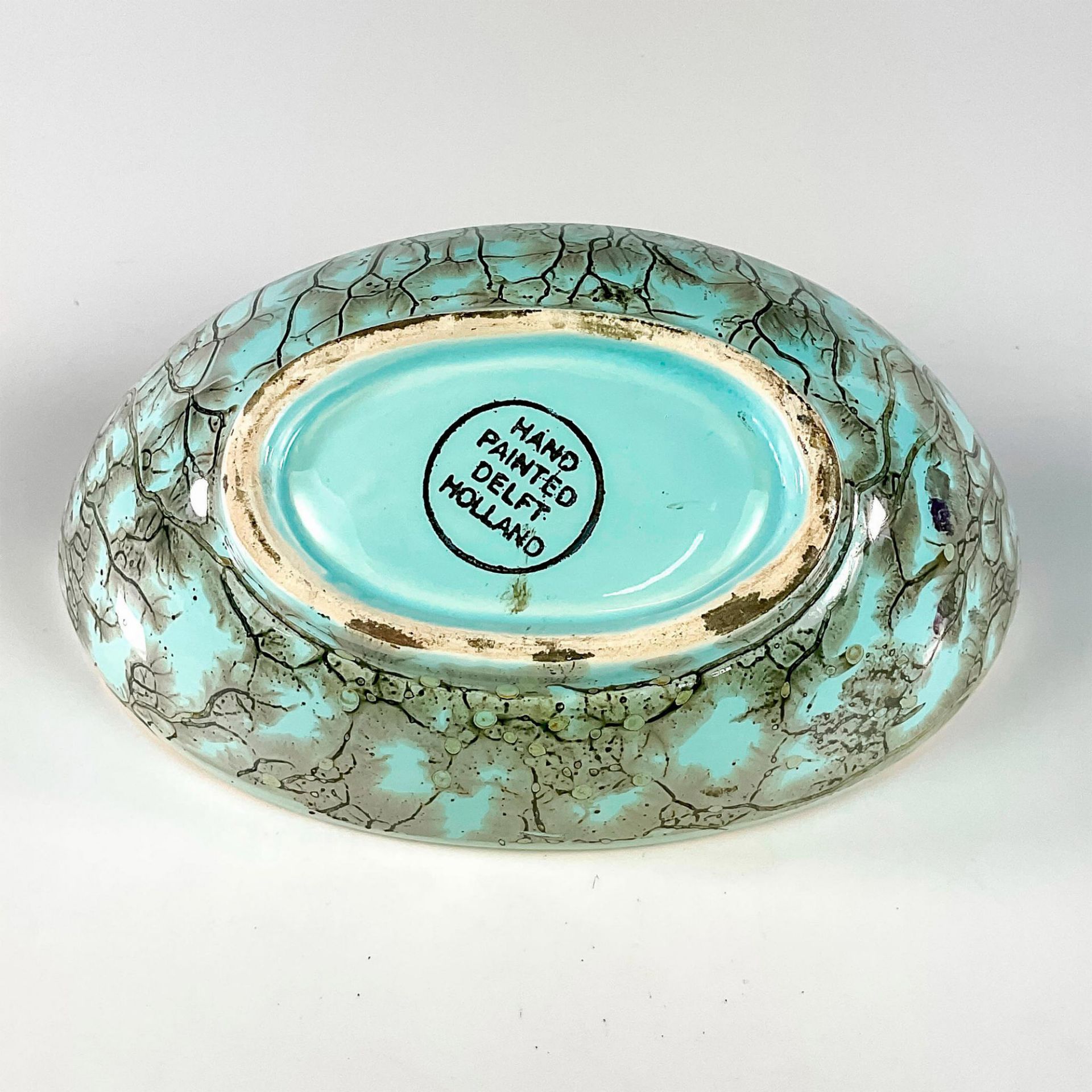 Vintage Hand Painted Delft Blue Green Oval Candy Dish Bowl - Image 4 of 4