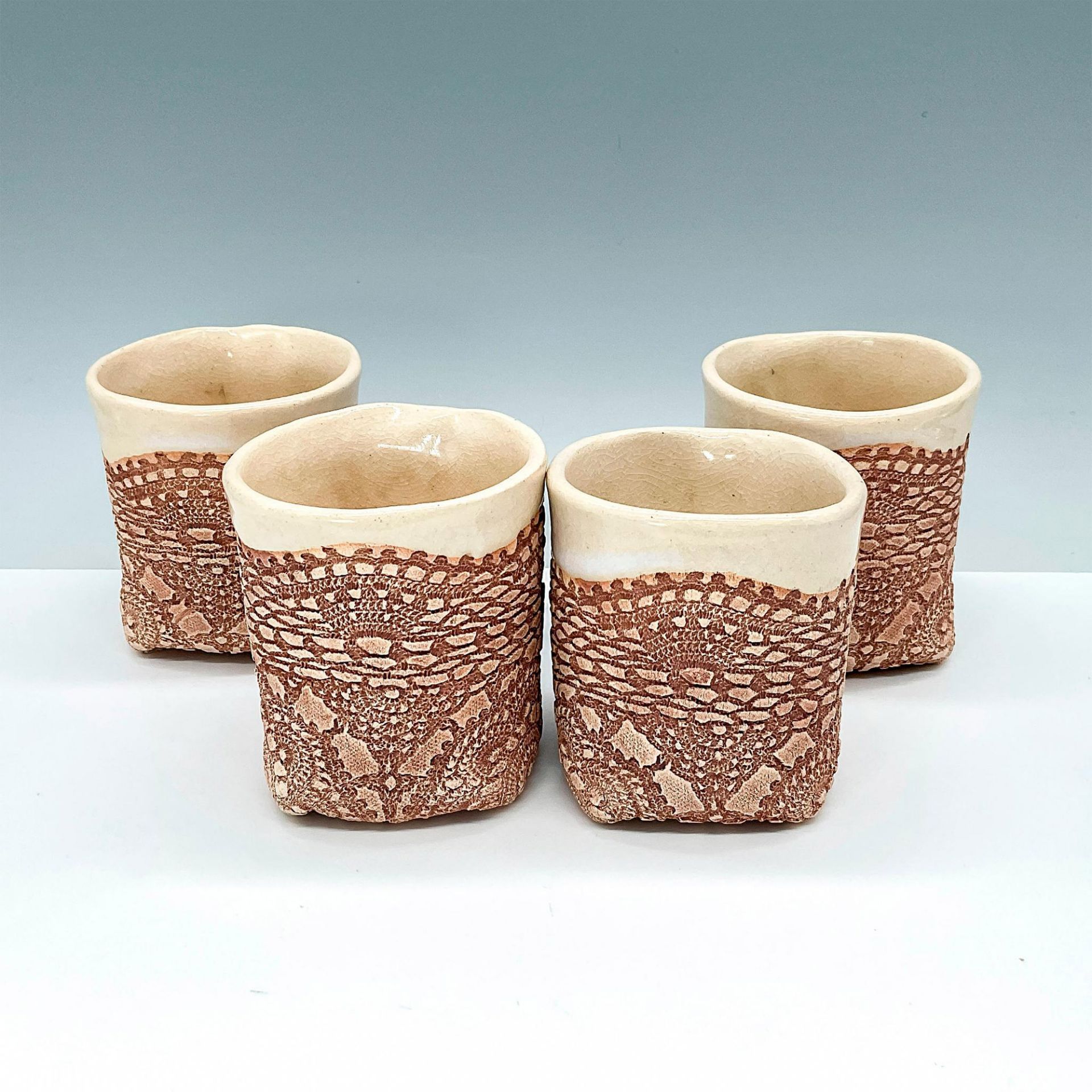 4pc Blue Heron Lace Impressed Art Pottery Cups by Jayn Avery - Image 2 of 3