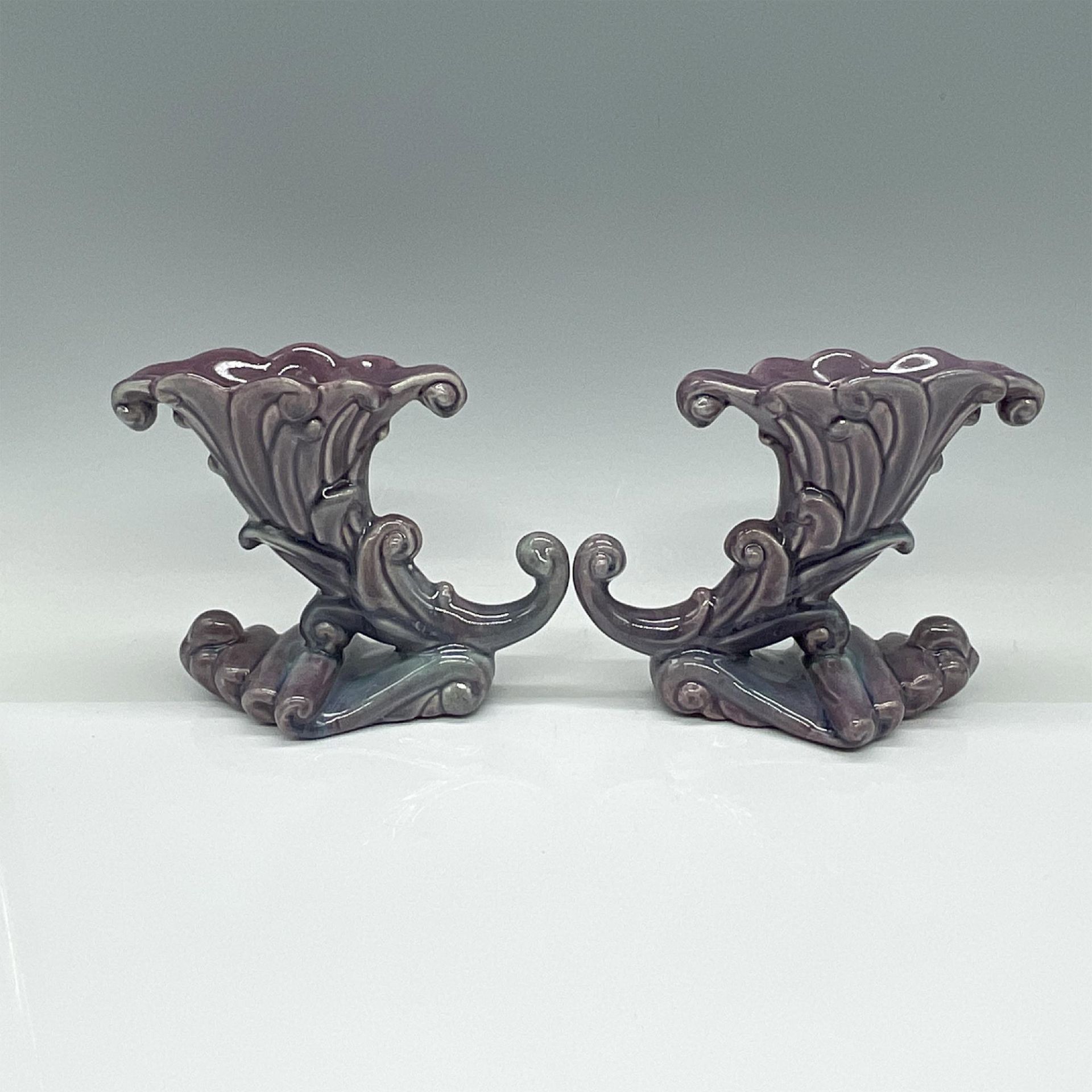Pair of Royal Haegar Art Deco Cornucopia Purple Candle Holders - Image 2 of 3