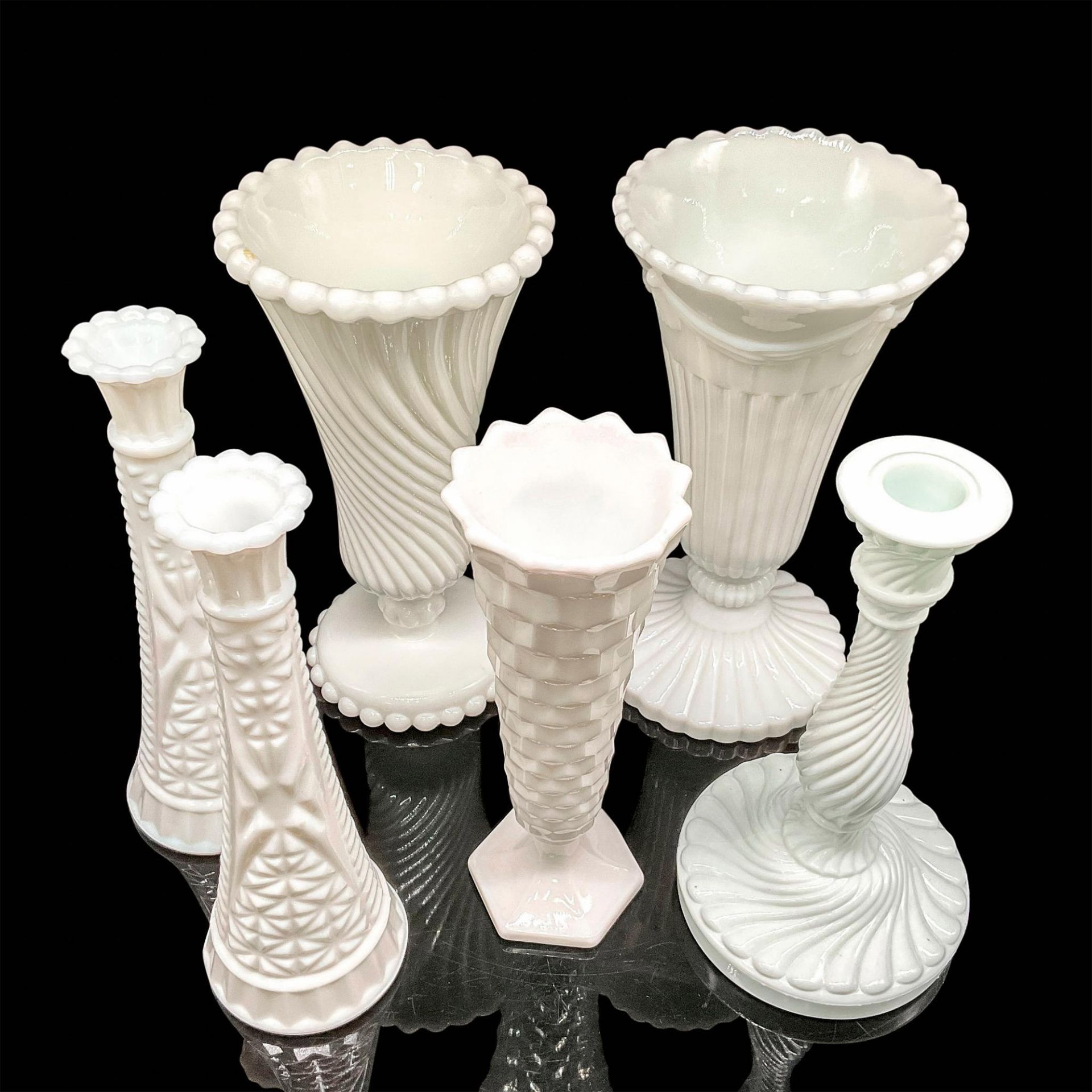 6pc Vintage Milk Glass Vases + Candle Holder - Image 2 of 2