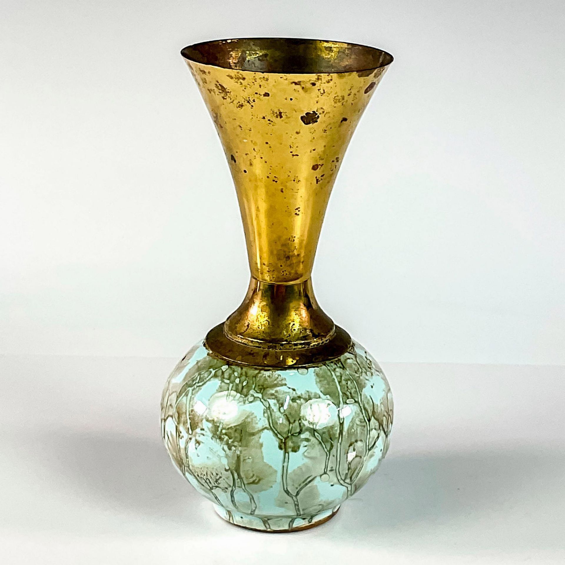 Mid-Century Modern Delft Marbled Glaze Brass Vase - Image 2 of 3